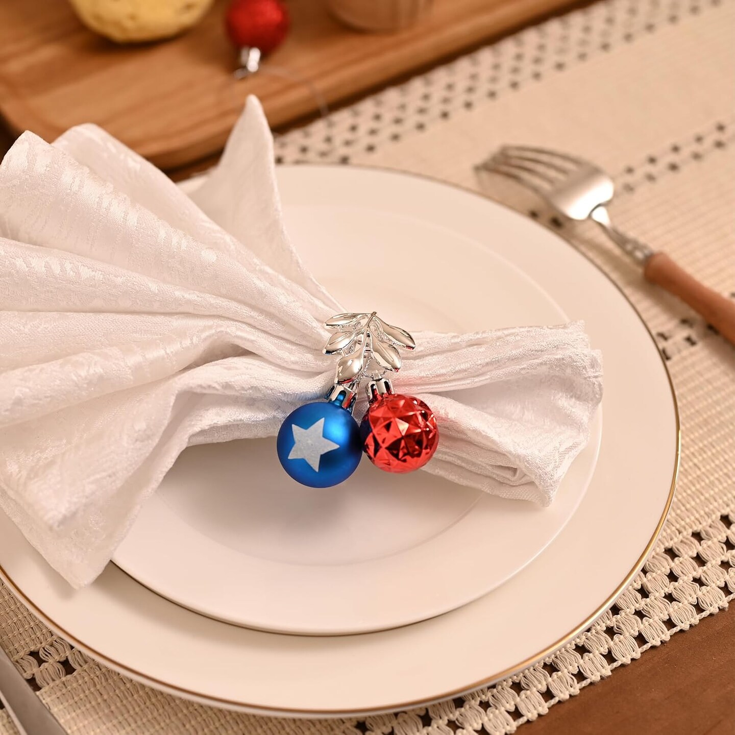 49-count set of 1.18-inch patriotic mini ornaments in red, white, and blue, designed for Independence Day and Memorial Day decorations, featuring durable shatterproof material for hanging on trees or party displays.