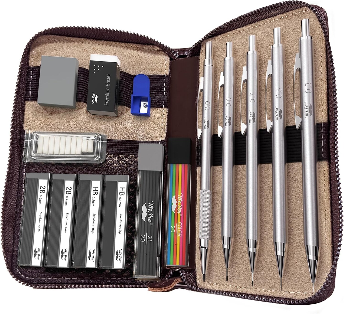 Metal Mechanical Pencil Set in Leather Case, 5 Sizes, 0.3, 0.5, 0.7, 0.9, 2mm, mechanical pencils, Sketching Pencils, Drafting Pencil