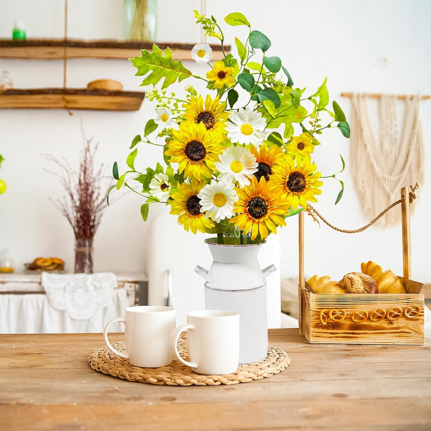 23.5” Faux Sunflowers in Vase – Silk Artificial Sunflower Arrangement with Metal Pot, Farmhouse Table Centerpiece for Kitchen, Dining, Living Room & Spring Home Decor