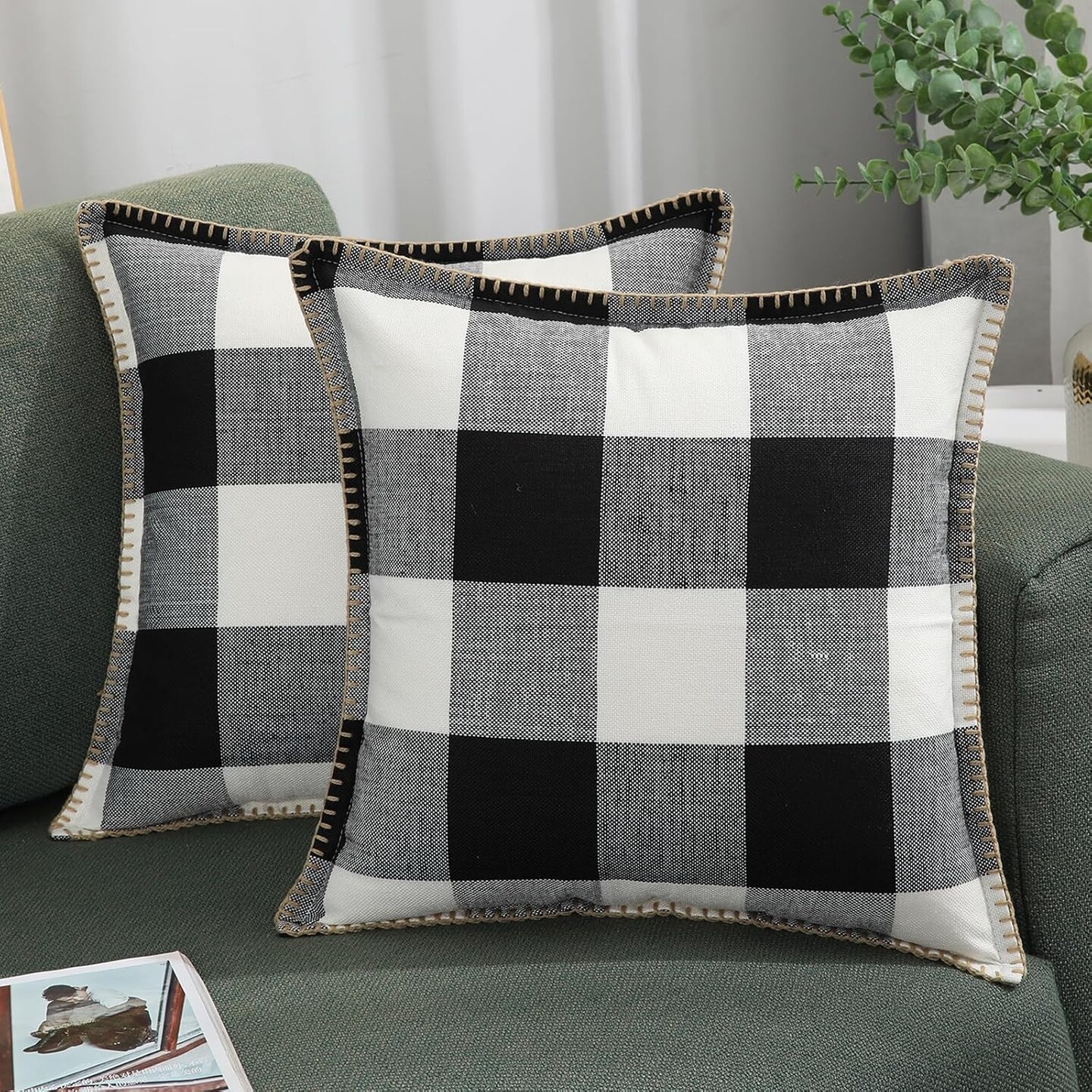 Buffalo Plaid Check Spring Throw Pillow Covers 18x18 Set of 2, Outdoor Decorative Farmhouse Pillow Covers with Stitched Edge for Bed Couch Sofa, Black and White