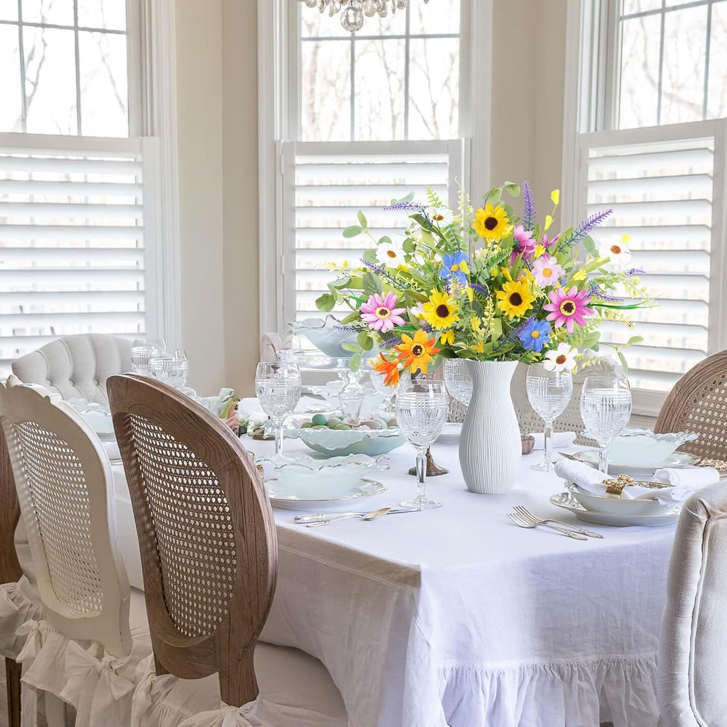 4 Bundles Artificial Summer Tabletop Floral Arrangements Daisy Flowers Bouquet, 20 Inch Fake Silk Summer Flowers Faux Wildflowers Floral Arrangements