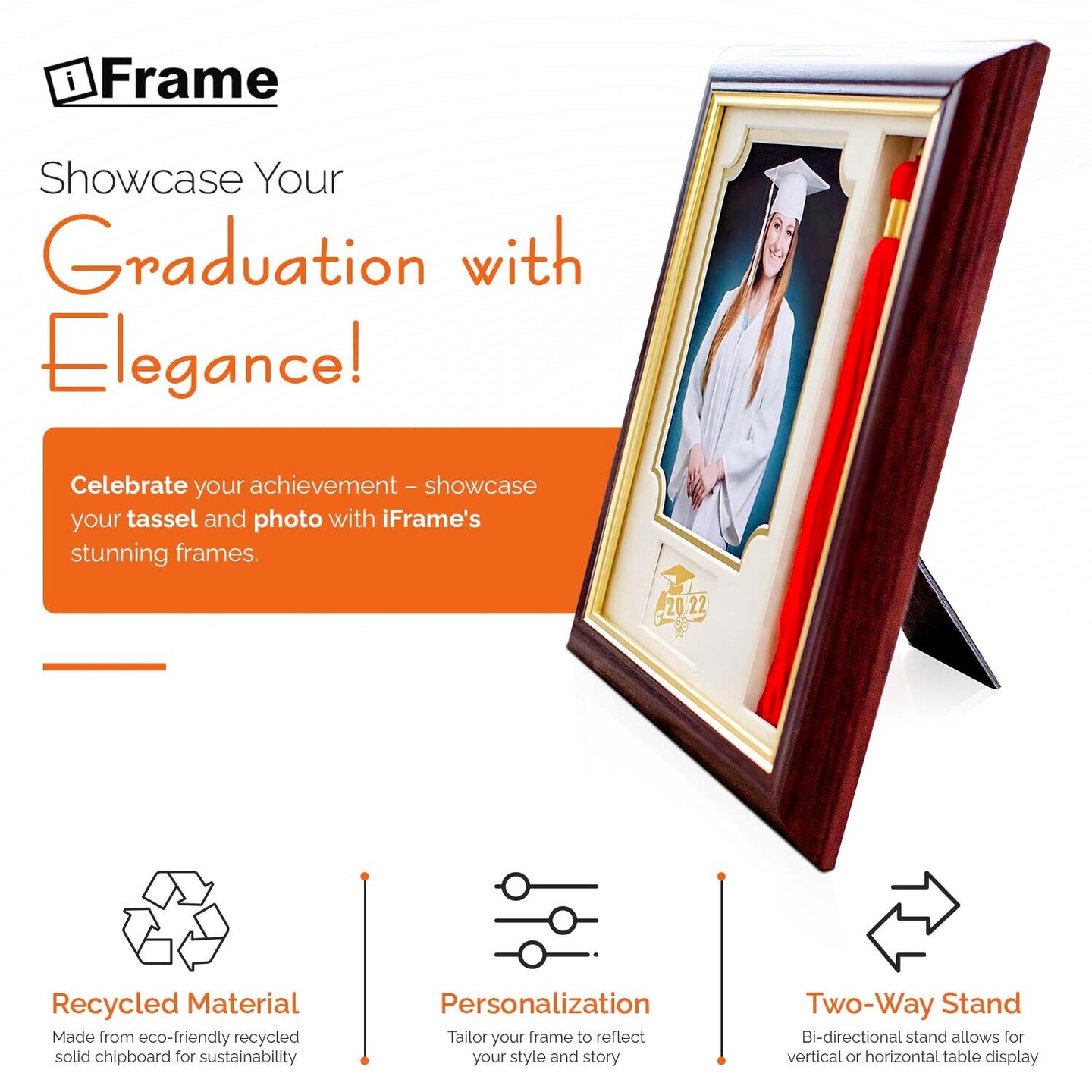 iFrame Graduation Photo &#x26; Tassel Frame I 5x7 Picture Frame I Customizable Grade Class Year | Real Wood Cherry, Black and Walnut Finish I Wall Mount &#x26; Tabletop Graduation Frame | Made in USA