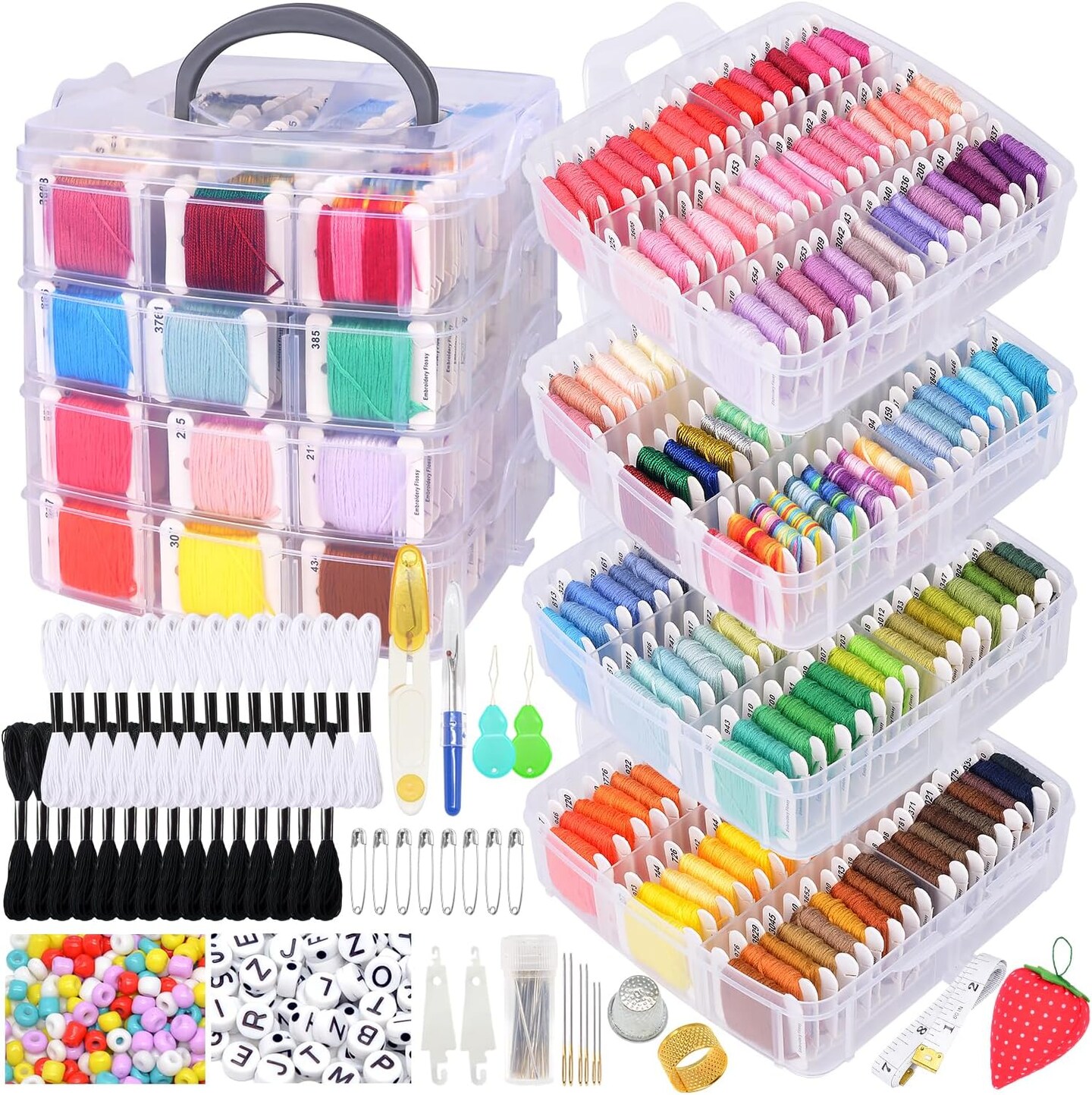 Embroidery Thread Kit Including 200 Skeins Embroidery Floss 30 Skeins White &#x26; Black Embroidery Thread Cross Stitch Tool for Friendship Bracelets Arts DIY Crafts with 4-Tier Transparent Box