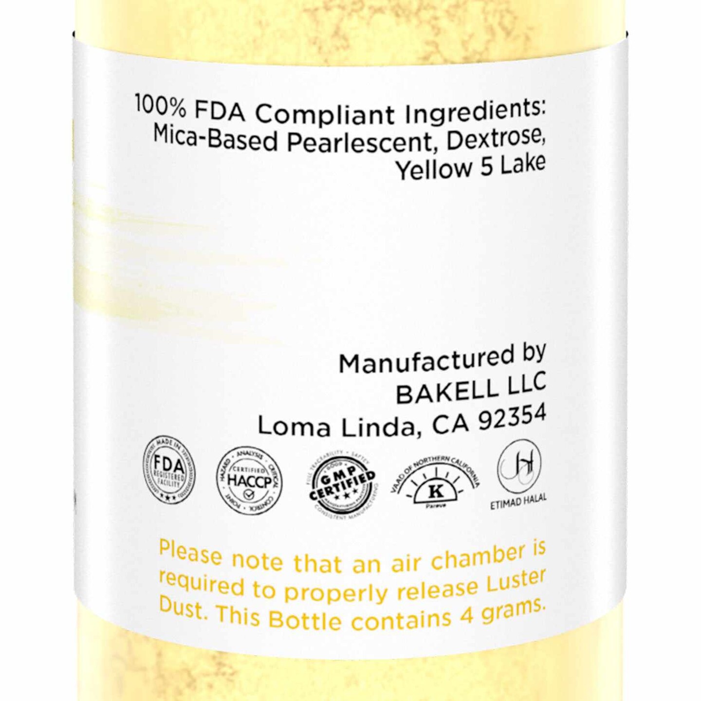 Bakell - Classic Yellow Luster Dust (4g, 1x Pump) Edible Vegan Dust & Paint for Baking, Desserts and Beverages
