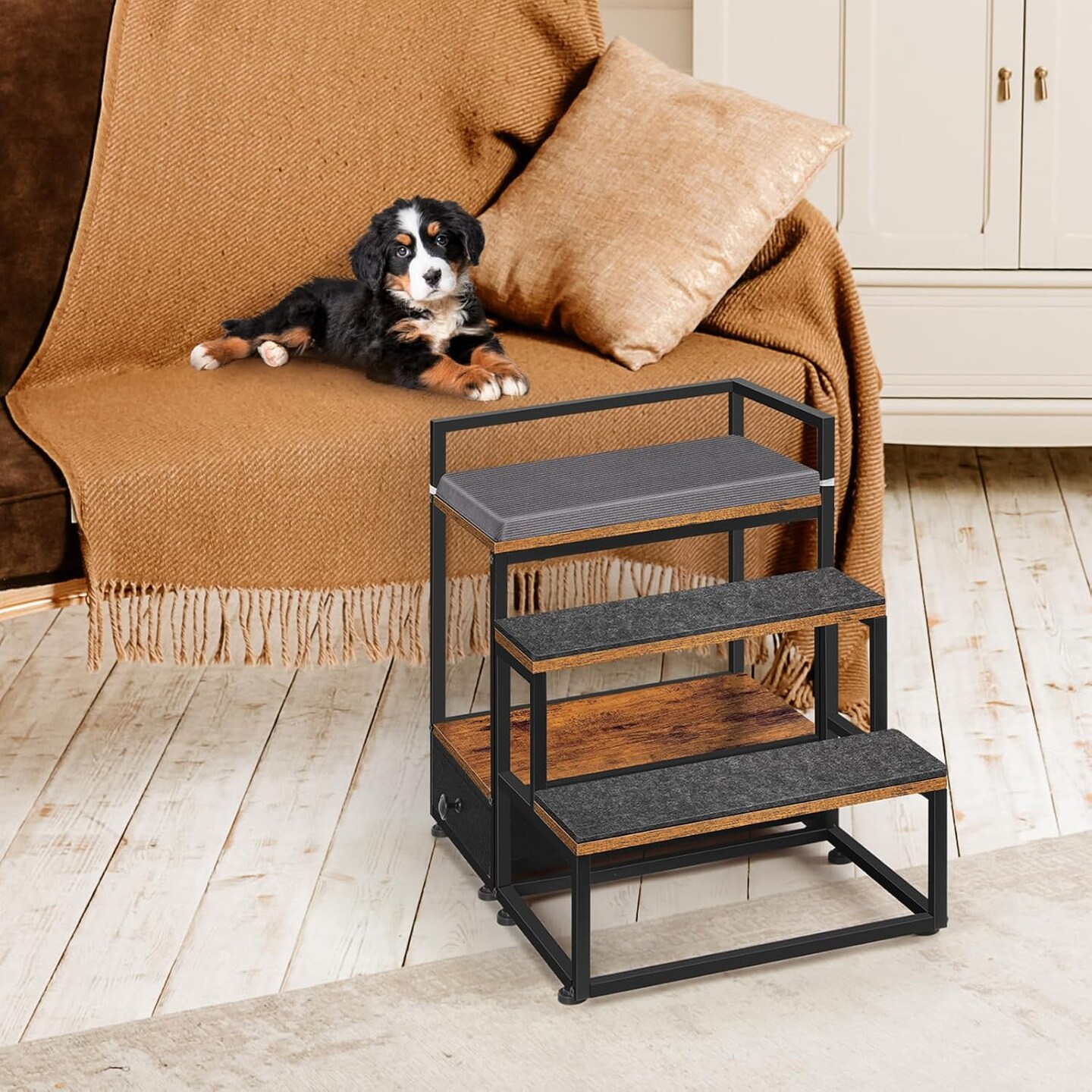 Rustic Brown Dog Window Perch with 2-Step Stairs &#x26; Storage Drawer - Elevated Pet Bed for Small Dogs/Cats, Non-Slip Stairs for Beds, Couches - Safe Climbing Platform