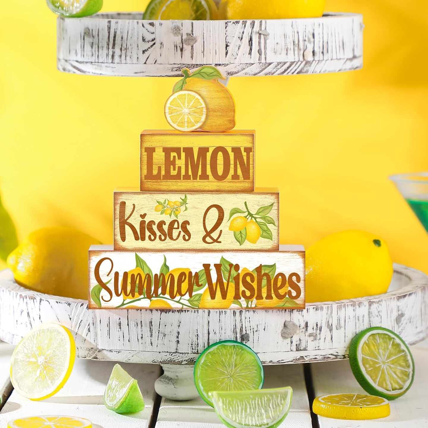 4-Piece Lemon Summer Tiered Tray Decor – Rustic Wooden Signs & Faux Book Stack Farmhouse Table Centerpiece for Mantel, Shelf & Fireplace