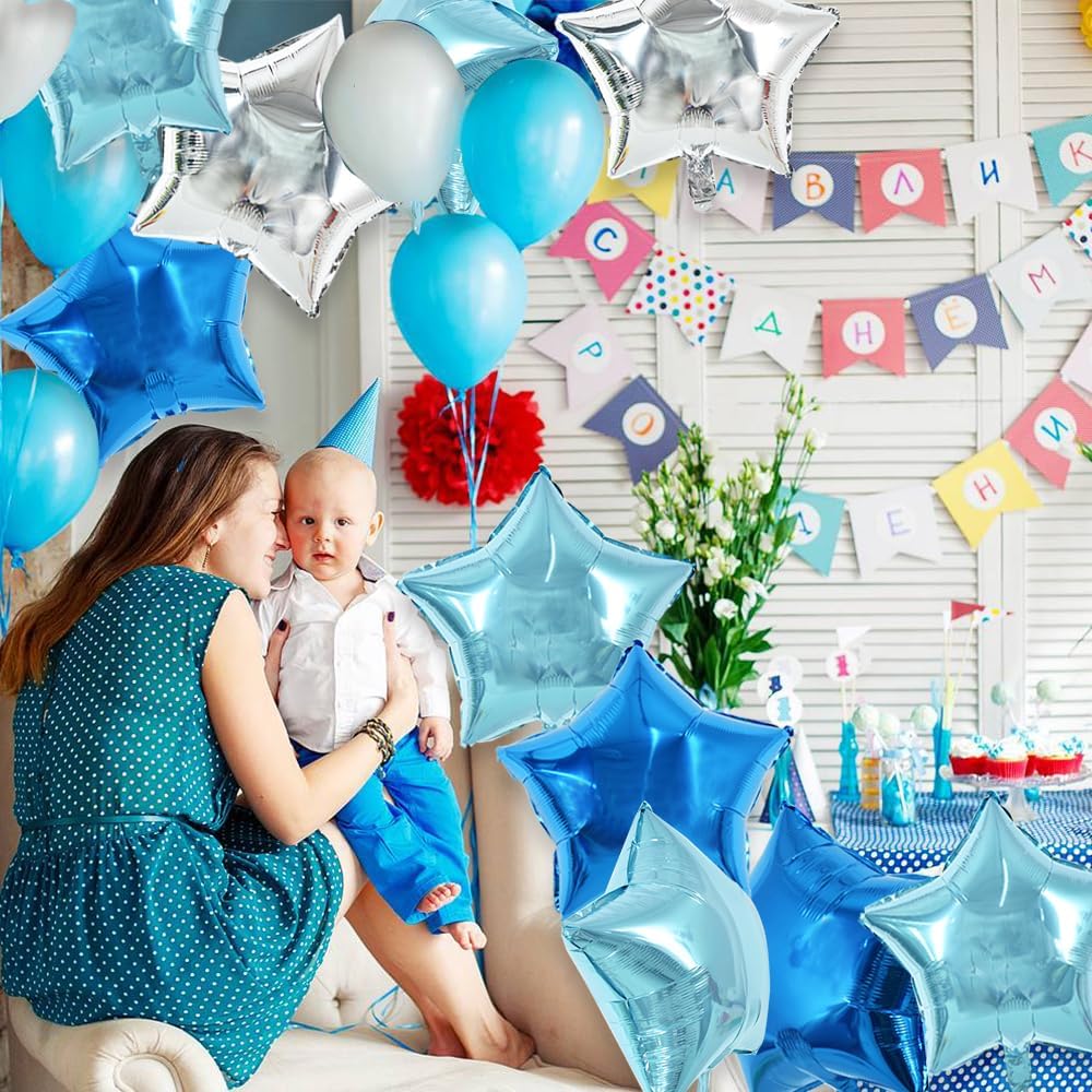30Pcs 18 Inch Large Blue Silver Star Shape Foil Balloons Big Stars Helium Mylar Ballons for Birthday Wedding Baby Shower Anniversary Engagement Party Decorations Supplies