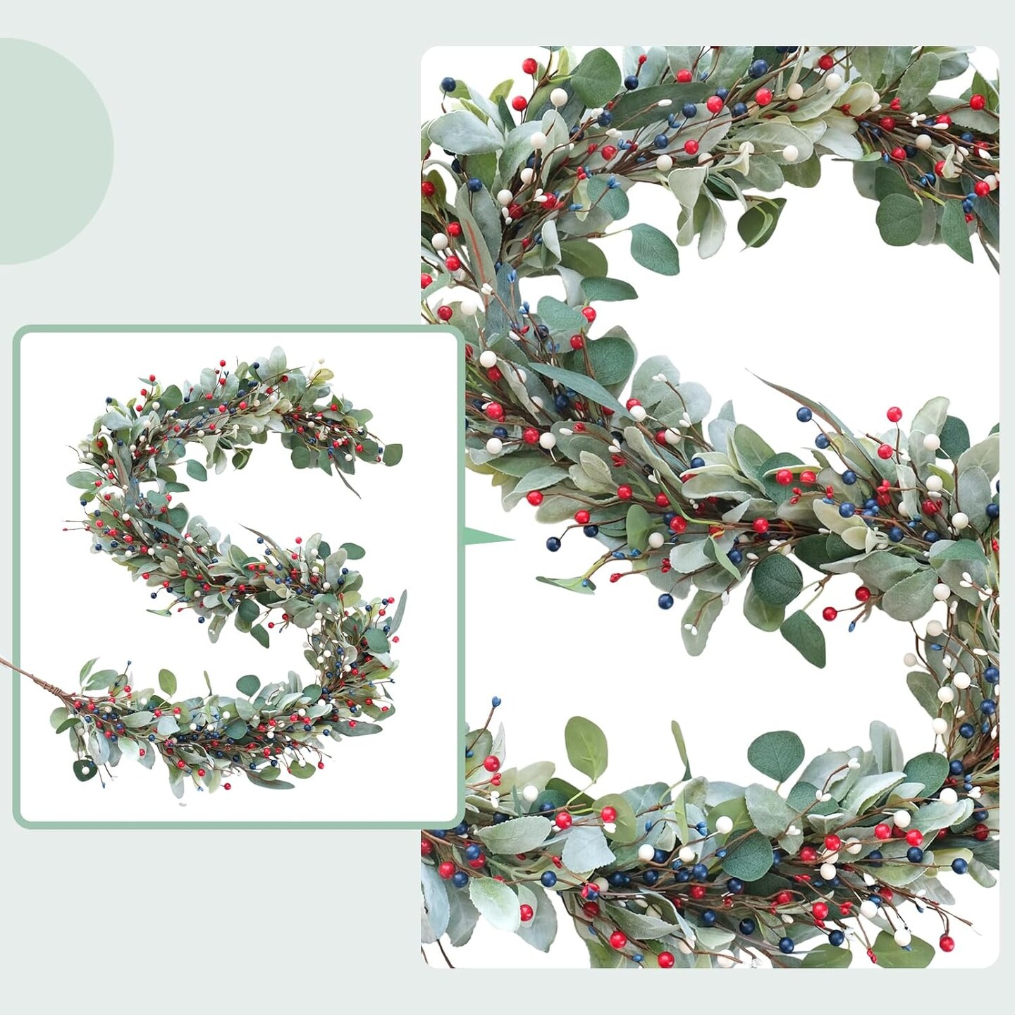 4th of July Independence Day Garland – 70-Inch Artificial Eucalyptus Garland with Lamb’s Leaves and Berries for Front Door, Arch, Backdrop, Table, Memorial Day, Flag Day, and Farmhouse Decor