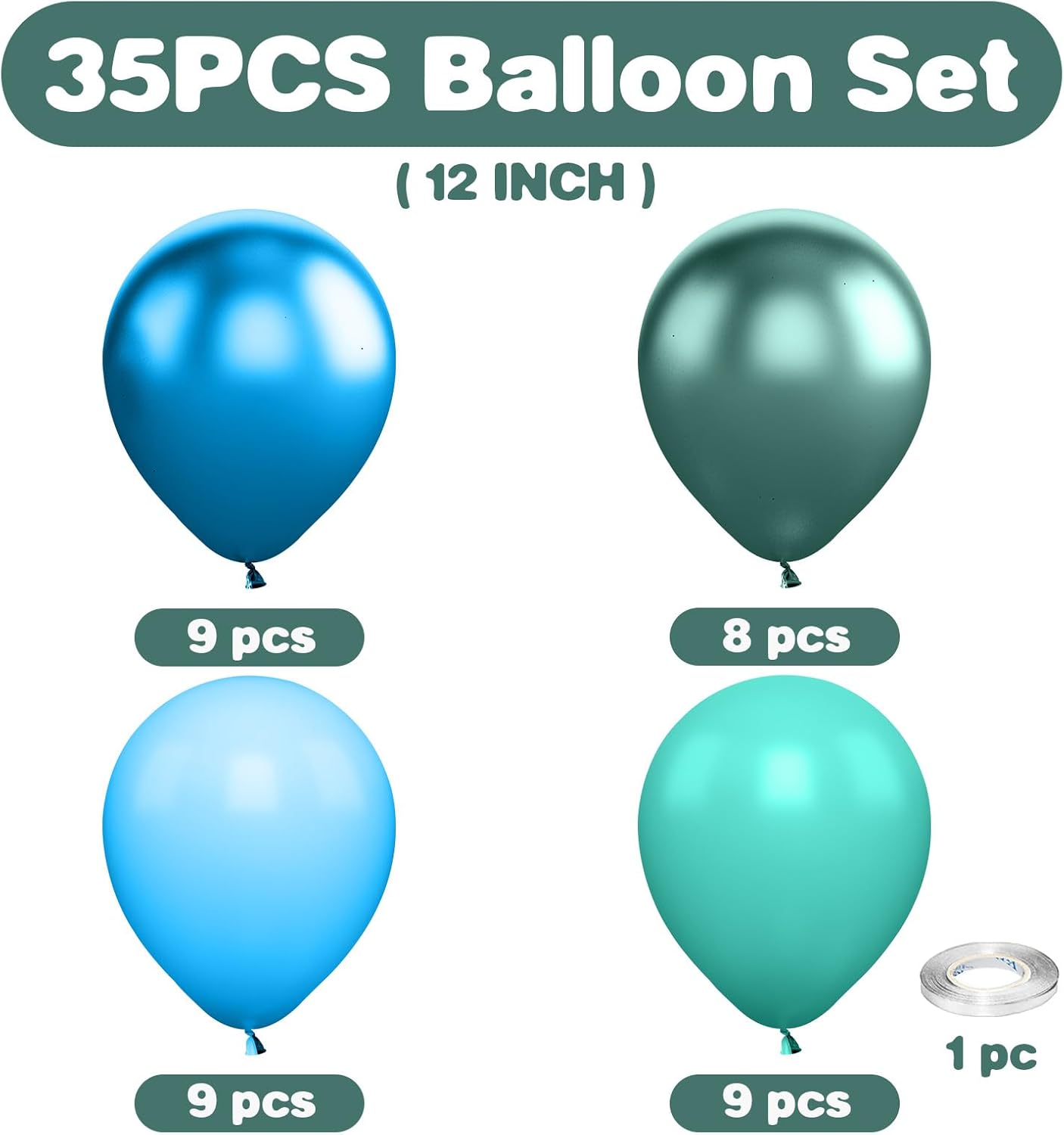 Blue and Green Balloons, Blue and Green Birthday Decorations, 12 Inch Light Blue Teal Blue Metallic Green Metallic Blue Latex Balloons for Birthday Wedding Baby shower Party Decorations