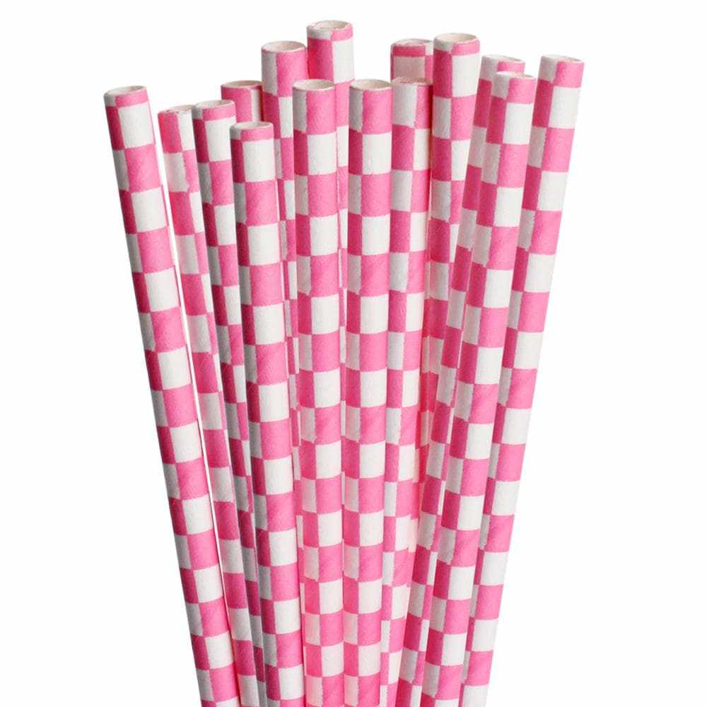 Bakell - Light Pink Checkered Cake Pop Party Straws - 24pc