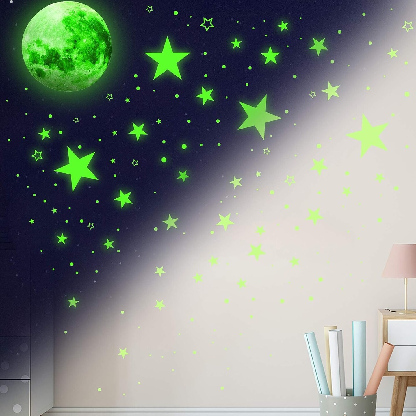 1086pcs Glow-in-the-Dark Stars & Moon Wall Decals – Solar System Galaxy Stickers for Kids’ Room