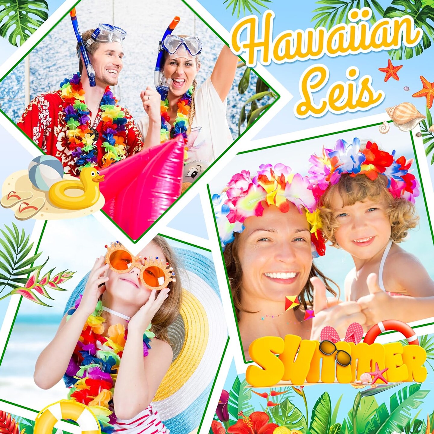 100 Count Hawaiian Lei Bulk, Tropical Luau Hawaii Theme Silk Flower Necklace Garland