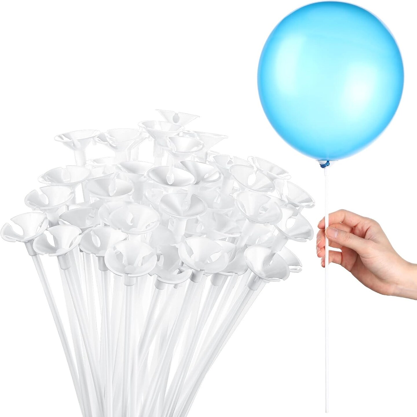 300 Pcs Plastic Balloon Stick with Cup, Balloon Stick with Base Holder Stand for Birthday Wedding Graduation Prom Baby Shower Party Decoration Supplies(White)