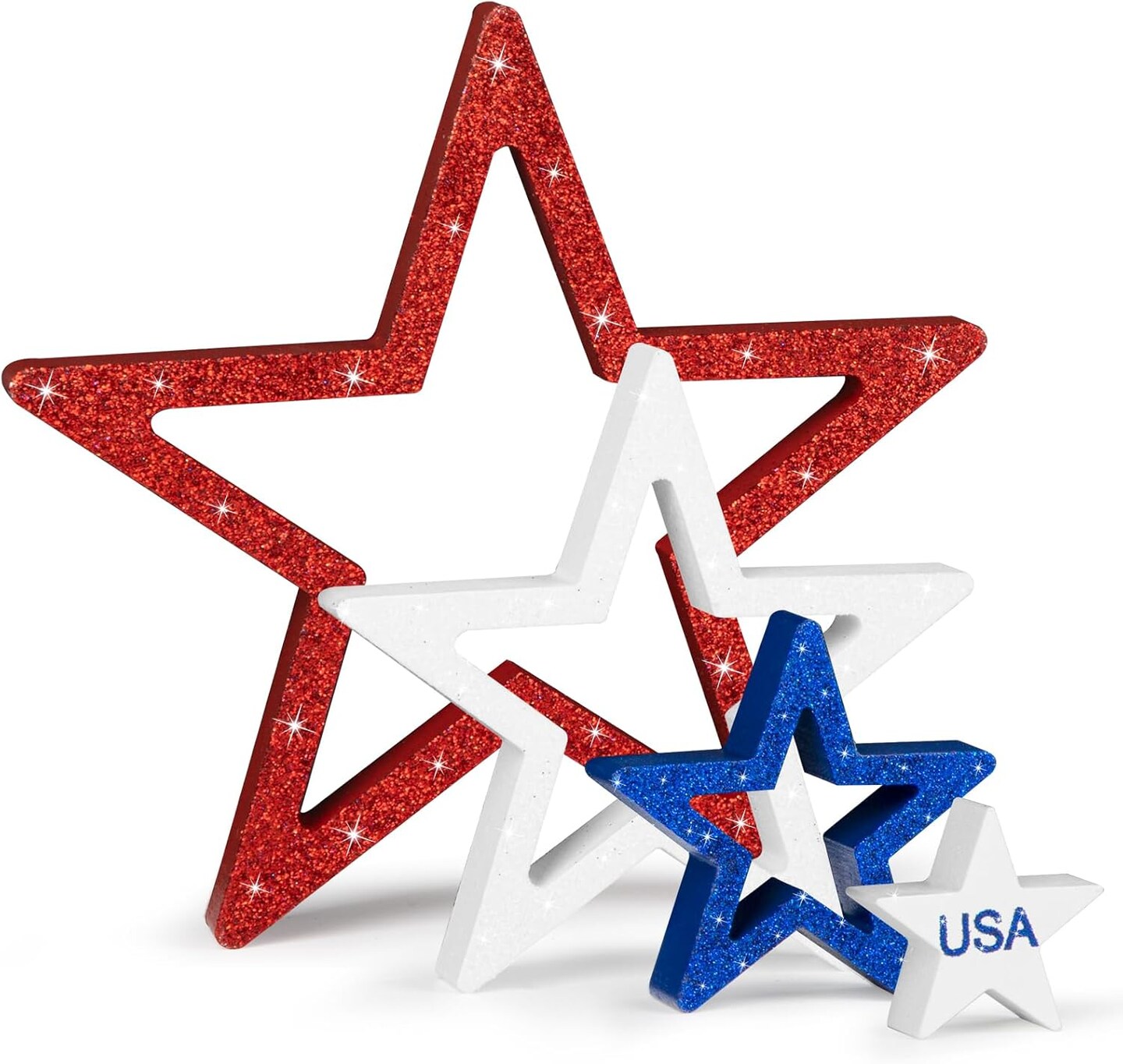 Set of 4 glittery red, white, and blue stars for 4th of July decor.