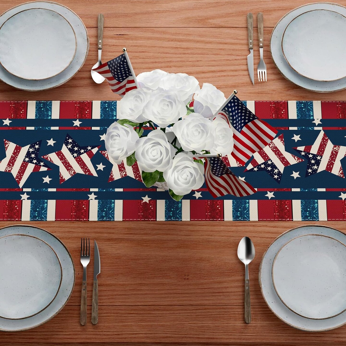 Patriotic Stripes Stars Pentagram America 4th of July Memorial Day Independence Day Table Runner Decoration for Home Kitchen Holiday Party