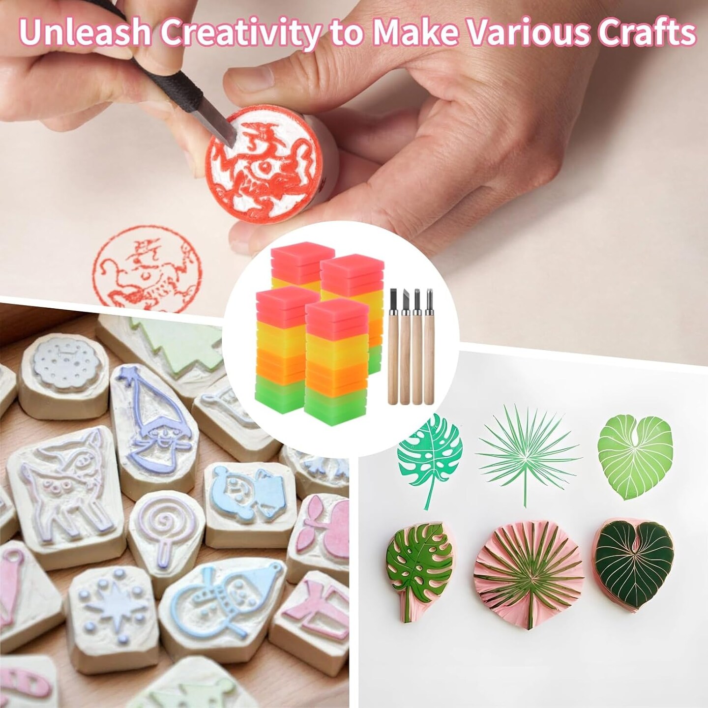 52 Pcs Linoleum Blocks Kit, Luminous Rubber Stamp Carving Blocks with 4 Carving Tools, Block Printing Kit for Printmaking, Square Colored Rubber Blocks for DIY Crafts