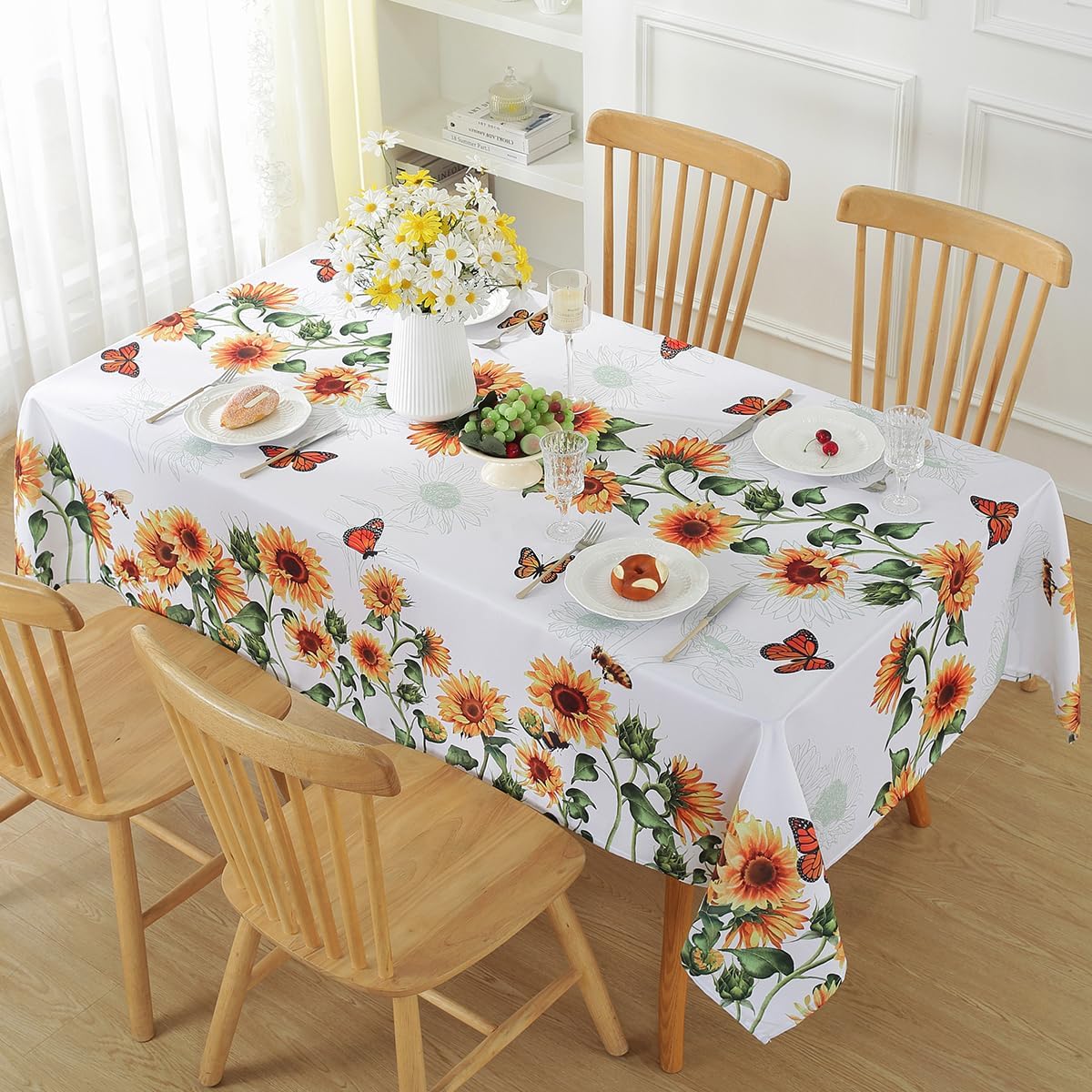 Sunflower Table Cloths 60 x 84 Inch Rectangle Summer Tablecloth, Water Proof Wipe Clean Dust-Proof White Polyester Fabric Table Cover for Fall Kitchen, Party, Picnic, Indoor, Outdoor