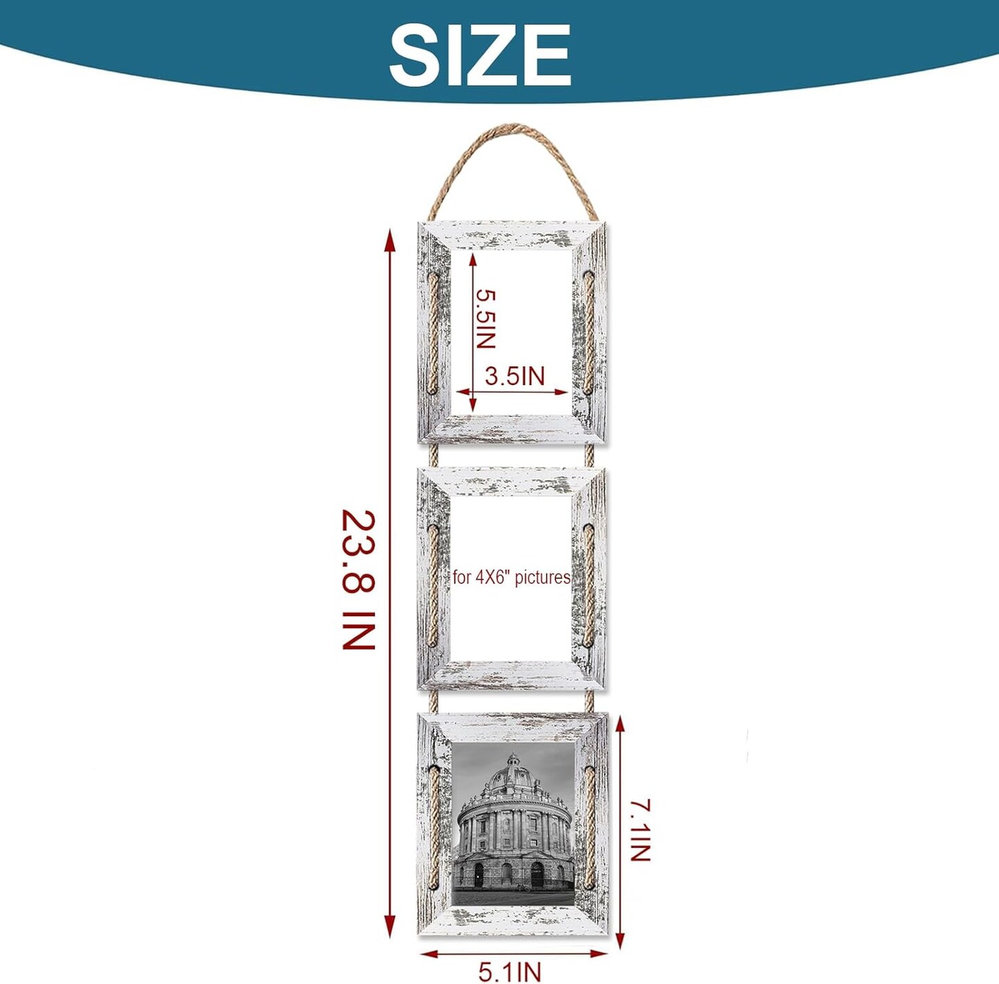 4x6 Hanging Collage Picture Frames Wall Decor, 3-Opening 4x6 Rustic Wood Frame with Hemp Rope, 2 Pack,White