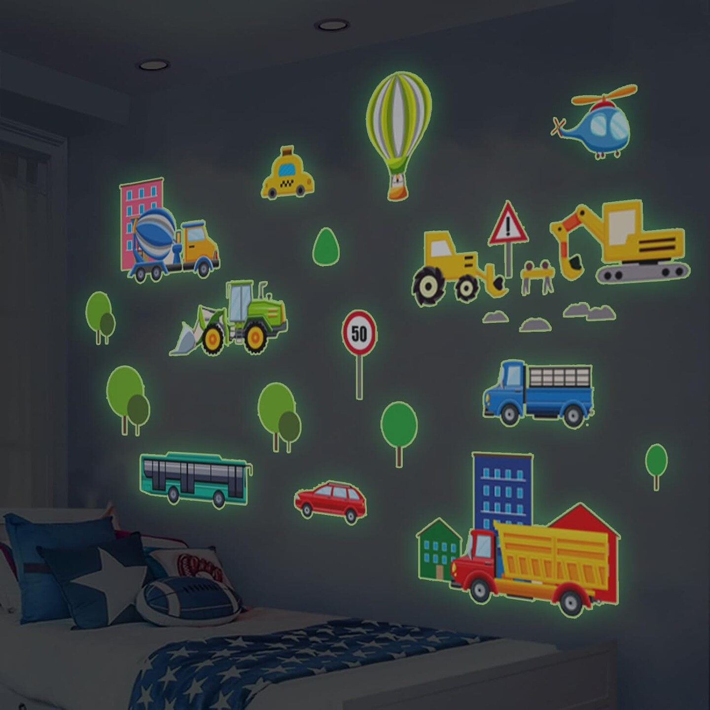 Glow in The Dark Cartoon Construction Vehicle Stickers,DIY Green Luminous City Car Truck Excavator Helicopter Wall Decals for Baby Nursery Boys Bedroom Playroom Wall Decor