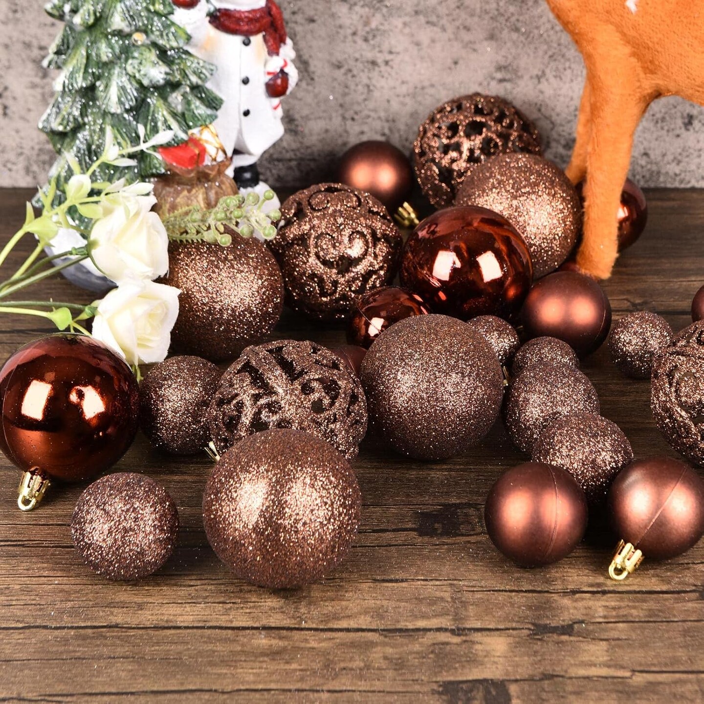 Balls Tree Ornaments, Shatterproof Christmas Decorations Set with Reusable Hand-held Gift Package for Holiday Xmas Tree Decor (100, Brown)
