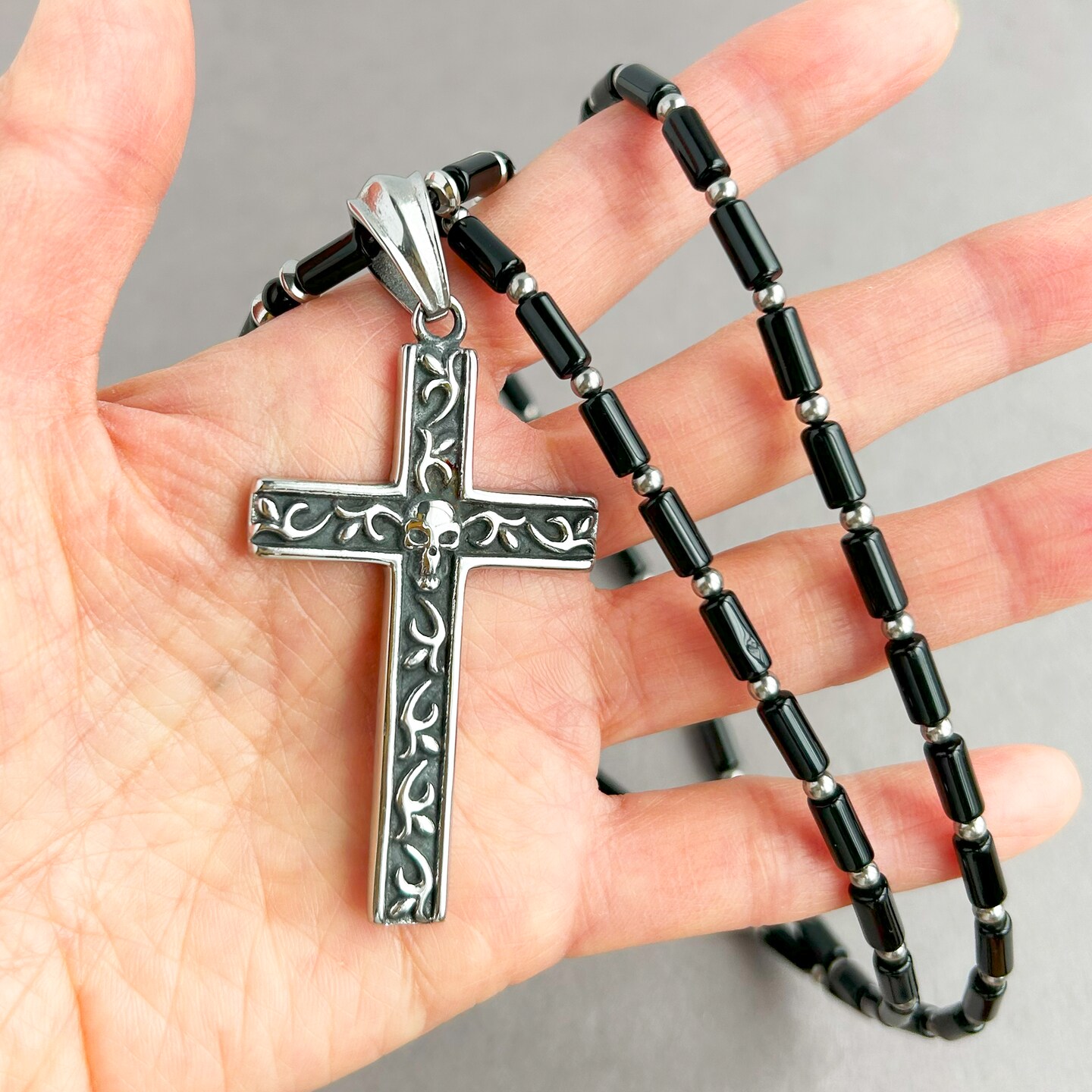 Black Onyx with Stainless Steel Skull Cross Pendant Long