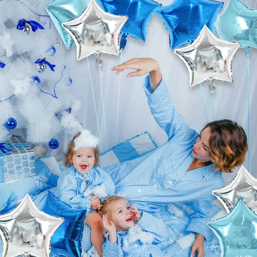 30Pcs 18 Inch Large Blue Silver Star Shape Foil Balloons Big Stars Helium Mylar Ballons for Birthday Wedding Baby Shower Anniversary Engagement Party Decorations Supplies