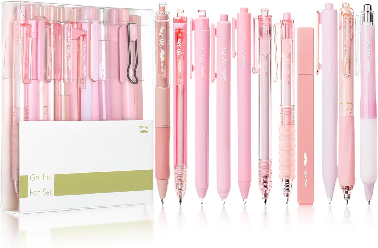 Gel Ink Pink Pen Set, 12 Pack, 1 x Aesthetic Highlighter, 0.5mm Cute Pink Pens Black Ink with Pastel Barrels