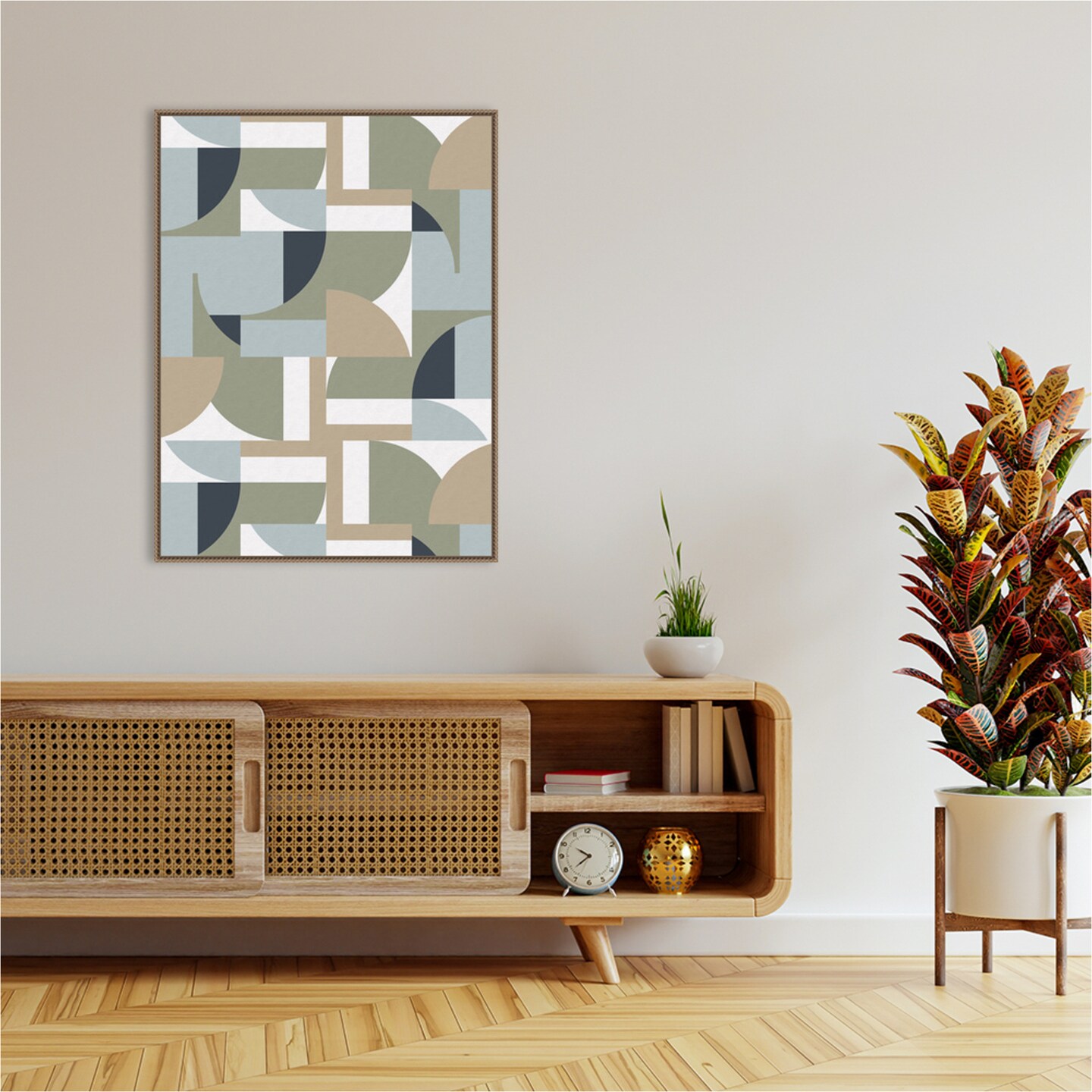 Futuristic Bauhaus Polygons Beige by Ninola Design Framed Canvas Wall Art