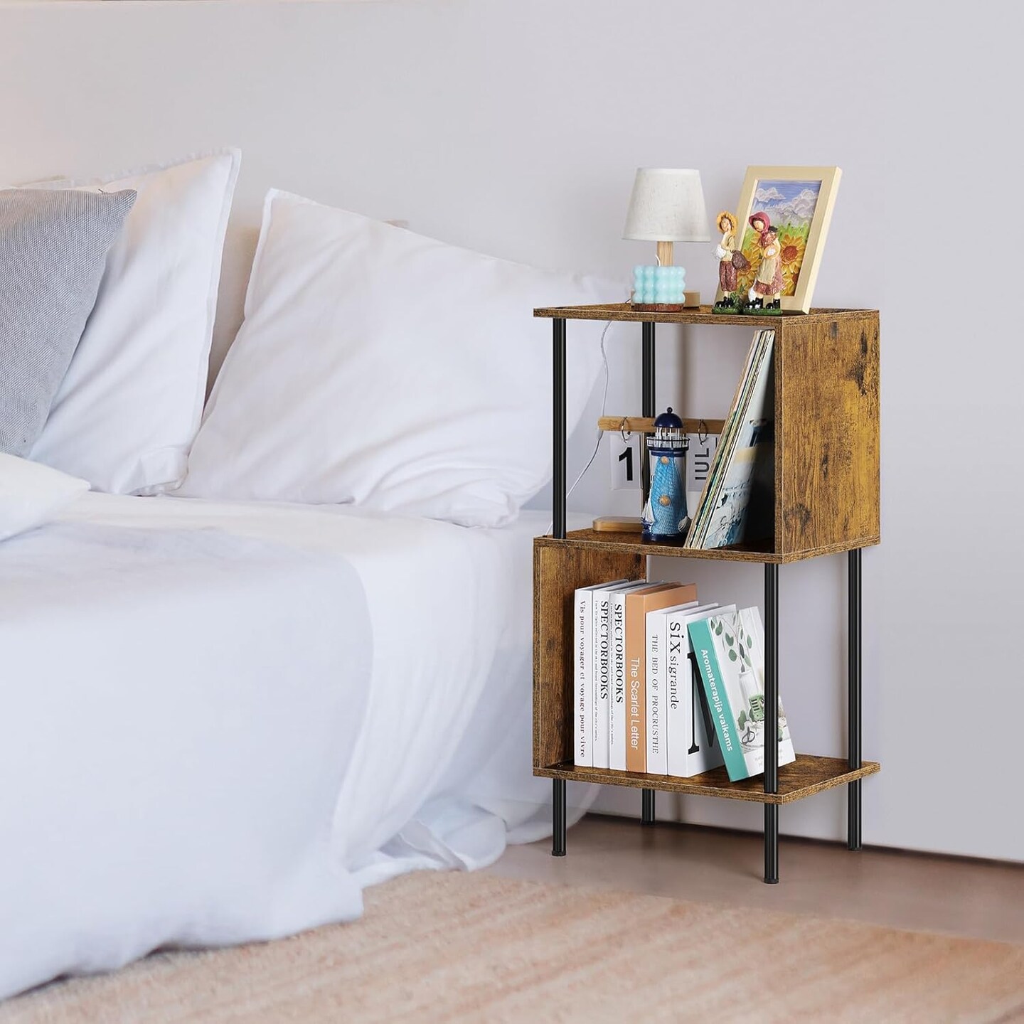 3-Tier S-Shaped Narrow Bookshelf &#x2013; Compact Bookcase with Anti-Tip Kit, Farmhouse &#x26; Modern Home Office Storage (15.7&#x201D;x11.8&#x201D;x31.8&#x201D;)