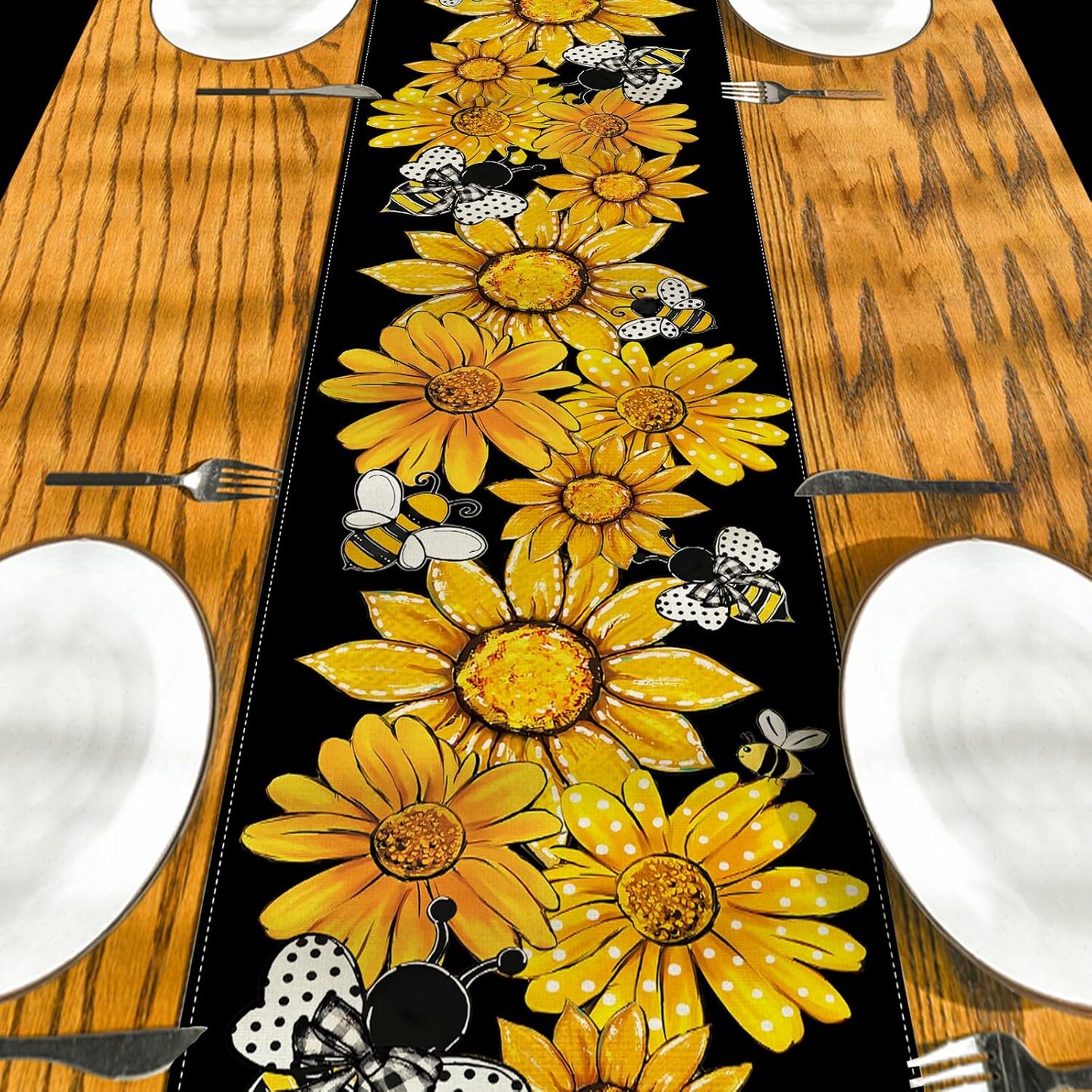 Summer Sunflower Table Runner – Spring Floral Bee Table Cover, Rustic Farmhouse Seasonal Table Decor for Home, Kitchen & Party Decorations