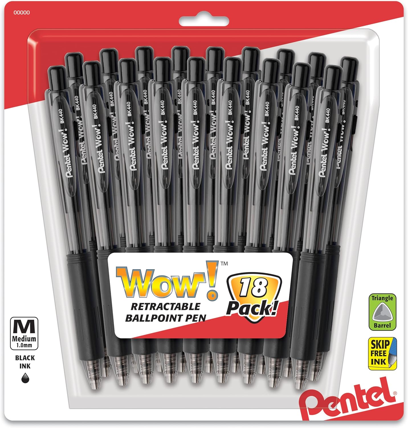 Retractable Ballpoint Pen, (1.0mm), Medium Line, Black Ink, Pack of 18