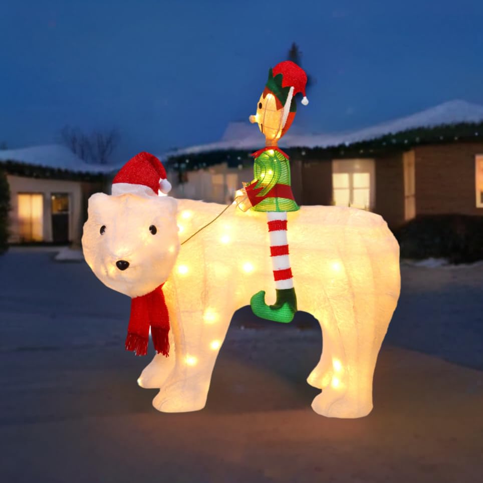 Haute Decor Elf Riding Polar Bear Duo - Large Outdoor Lighted Christmas Yard Decor with Energy-Efficient LED Lights