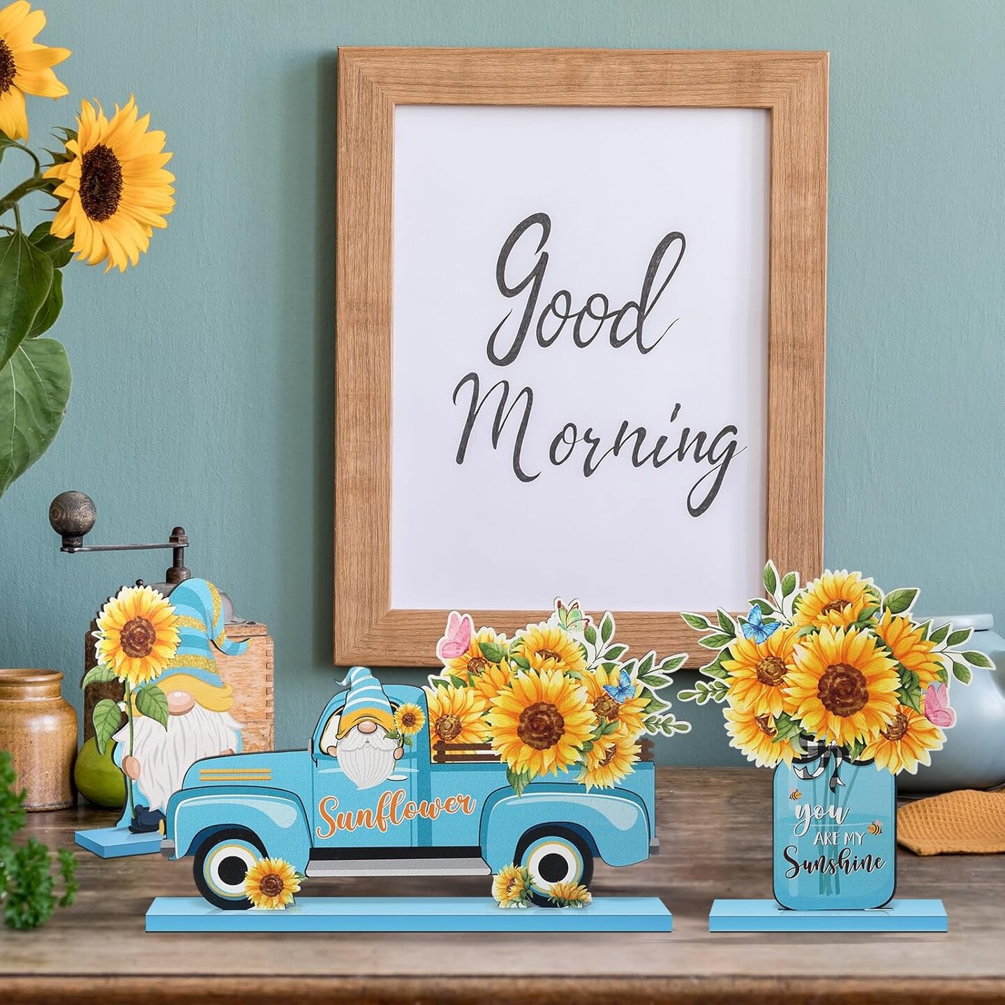 5 Pcs Sunflower Table Sign Sunflower Wooden Table Centerpieces Sign Summer Gnome Wooden Table Decor Sunshine Table Decoration Signs Gnome Wooden Centerpiece for Home Party(Blue)
