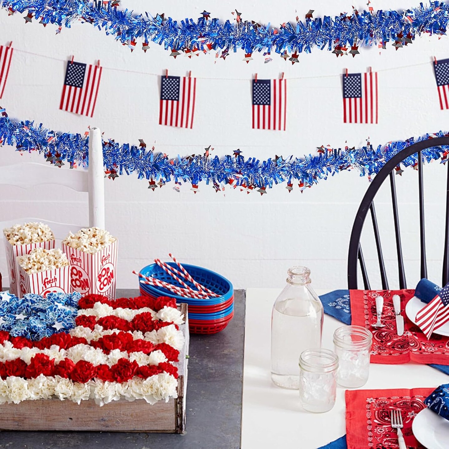 4th of July Garland Decor,33Ft Glitter Tinsel Patriotic Decorations for Tree Car Golf Cart Parade Float Bike Outdoor Holiday Independence Day Memorial Day Veteran&#x27;s Day USA Summer Red White Blue