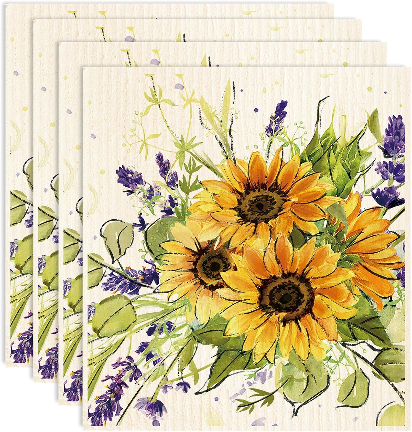4Pcs Watercolor Sunflower Swedish Kitchen Dishcloth Summer Floral Cotton Kitchen Towel Reusable Absorbent Dish Towel for Home Kitchen Housewarming Cleaning, 7 x 8 Inch