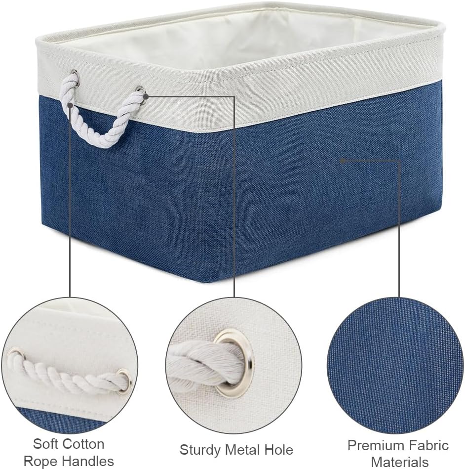 Summer Collapsible Storage Basket for Shelves - Large 3 Pack 16x12x8 inch Storage Basket for Organizing with Handles, Canves Storage Box for Organizer Toy Closet Cloth Gift (White &#x26; Jean Blue)