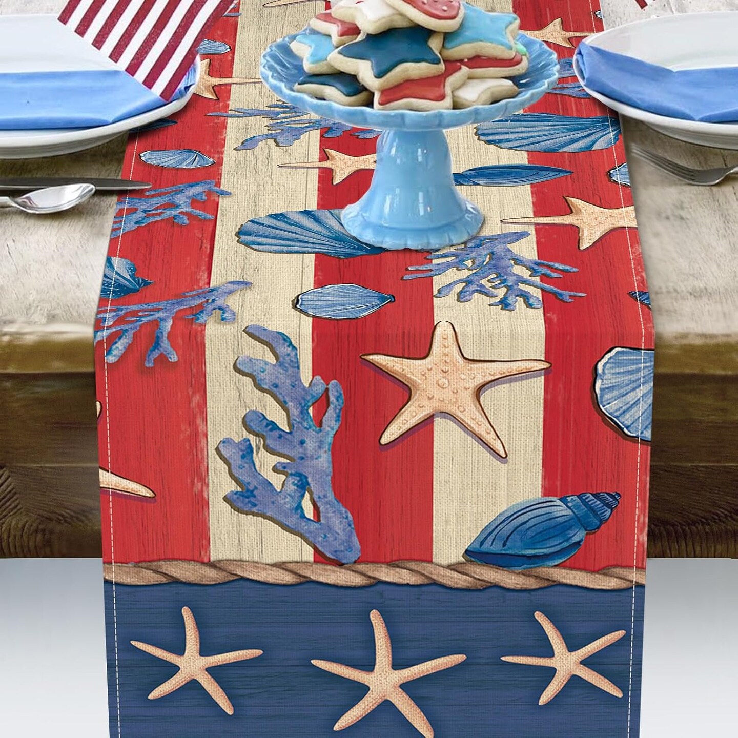 4th of July Beach Dining Table Runner, Patriotic America Coastal Starfish Conch Coral Stripes Burlap Kitchen Decoration, American USA Indoor Outdoor Home Decor