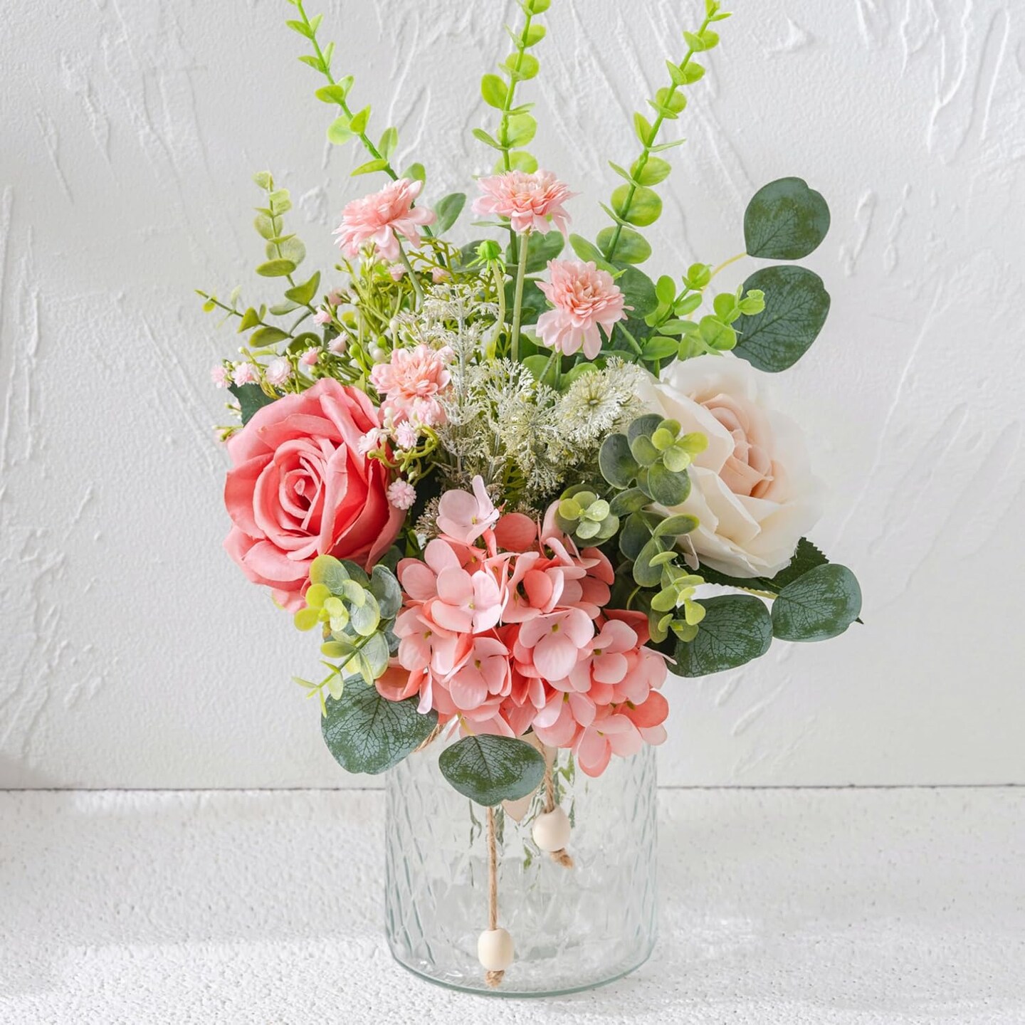 Fake Flowers with Vase, Pink Hydrangea Artificial Flowers in Vase Faux Rose Flowers Arrangement Suitable for Home Kitchen Living Room Fall Spring Decor Office Decoration, Centerpiece Table Decorations