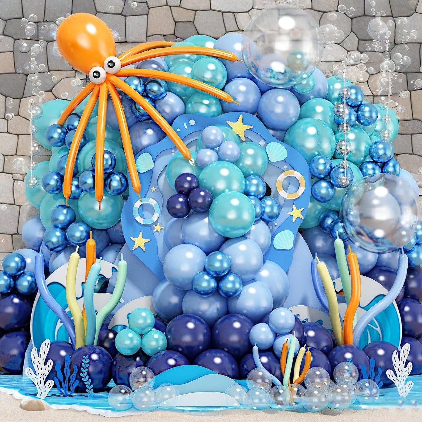 202 Pcs Under the Sea Party Decorations Balloon Arch Kit, Teal Blue - Ocean, DIY Octopus Clear Balloons, Finding Nemo Birthday Party Themed Decor