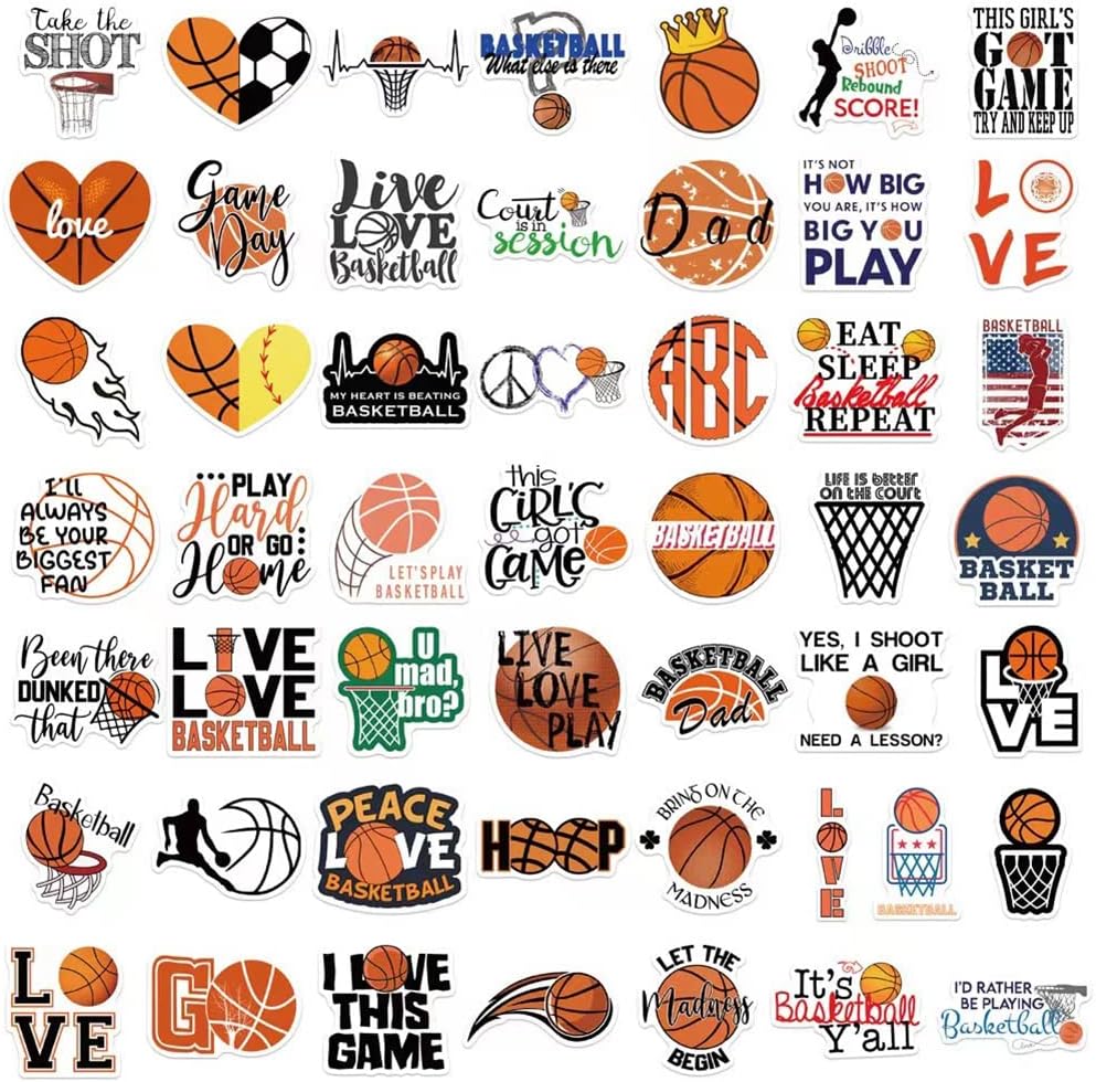 Basketball Stickers |50 Pcs Basketball Waterproof Vinyl Decals for Water Bottles Laptop Car Luggage Cup Computer Mobile Phone Skateboard D&#xE9;cor
