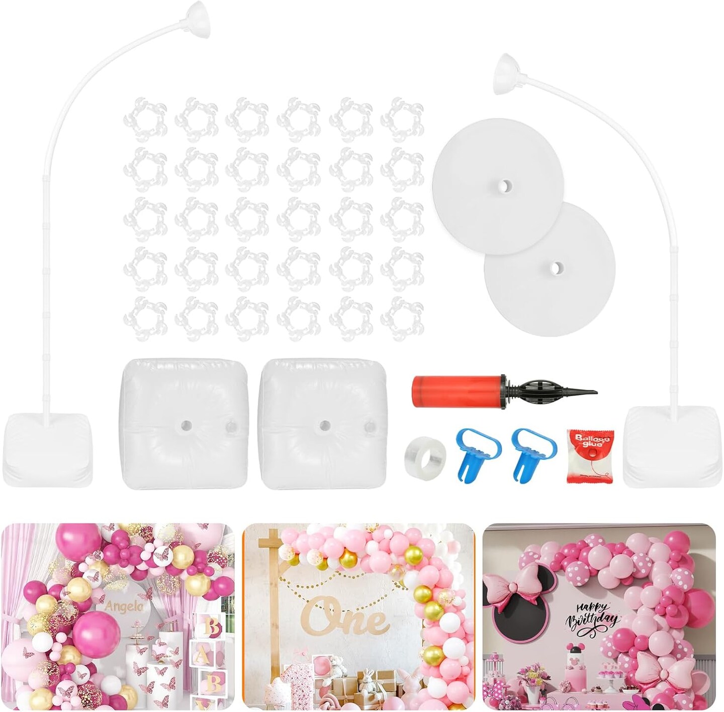 Balloon Arch Kit, Bendable 8FT and 6FT Balloon Arch Stand with Base and Manual Pump, Ballon Arch Stand Kit for Birthday Wedding Baby Shower Holiday Graduation Party Decoration(White)