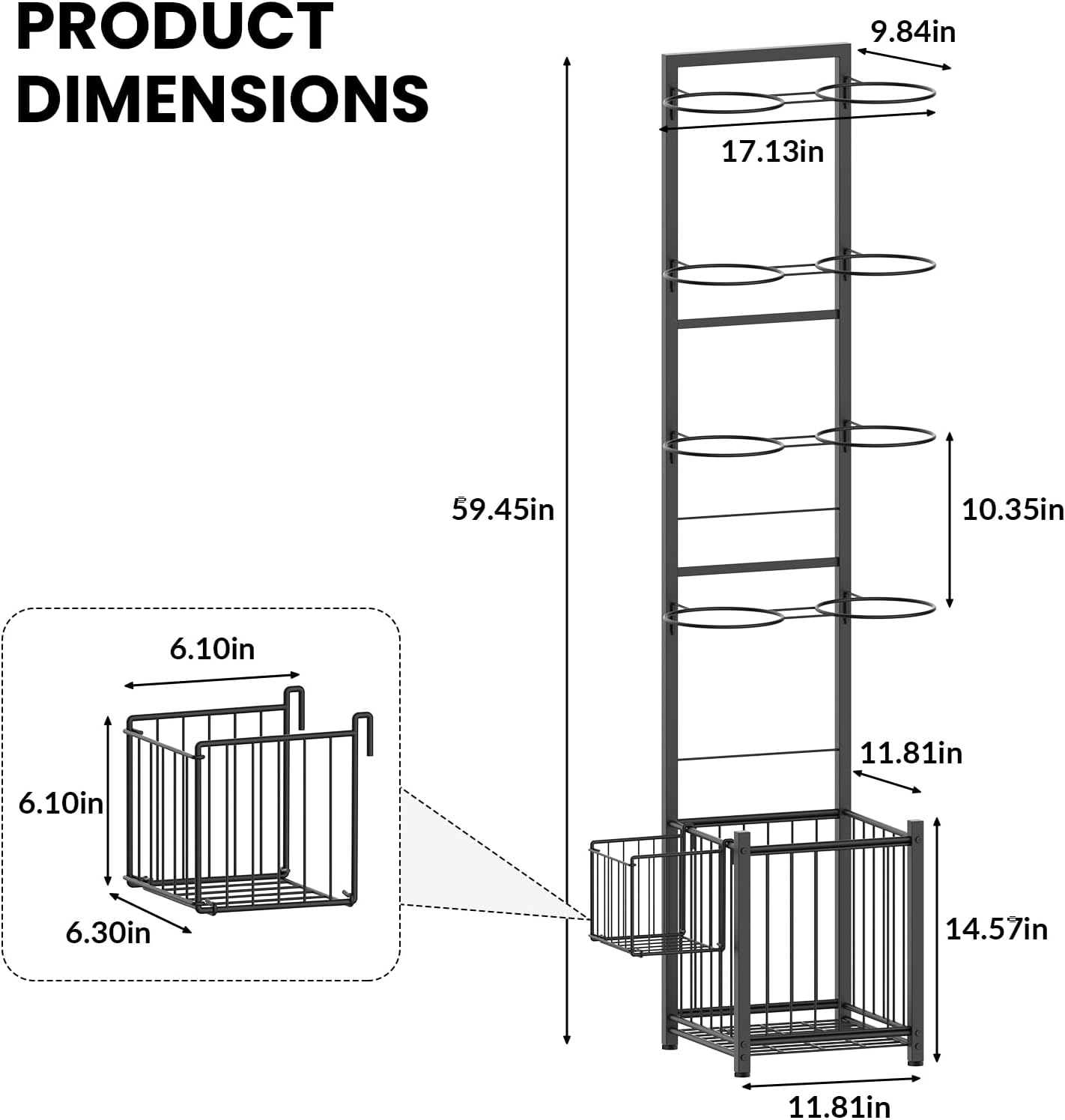 8-Ball Vertical Sports Rack with 2 Baskets &#x2013; Heavy-Duty Metal Ball Holder for Basketball, Soccer, Football, Rackets | Indoor/Outdoor Garage Organizer, Black