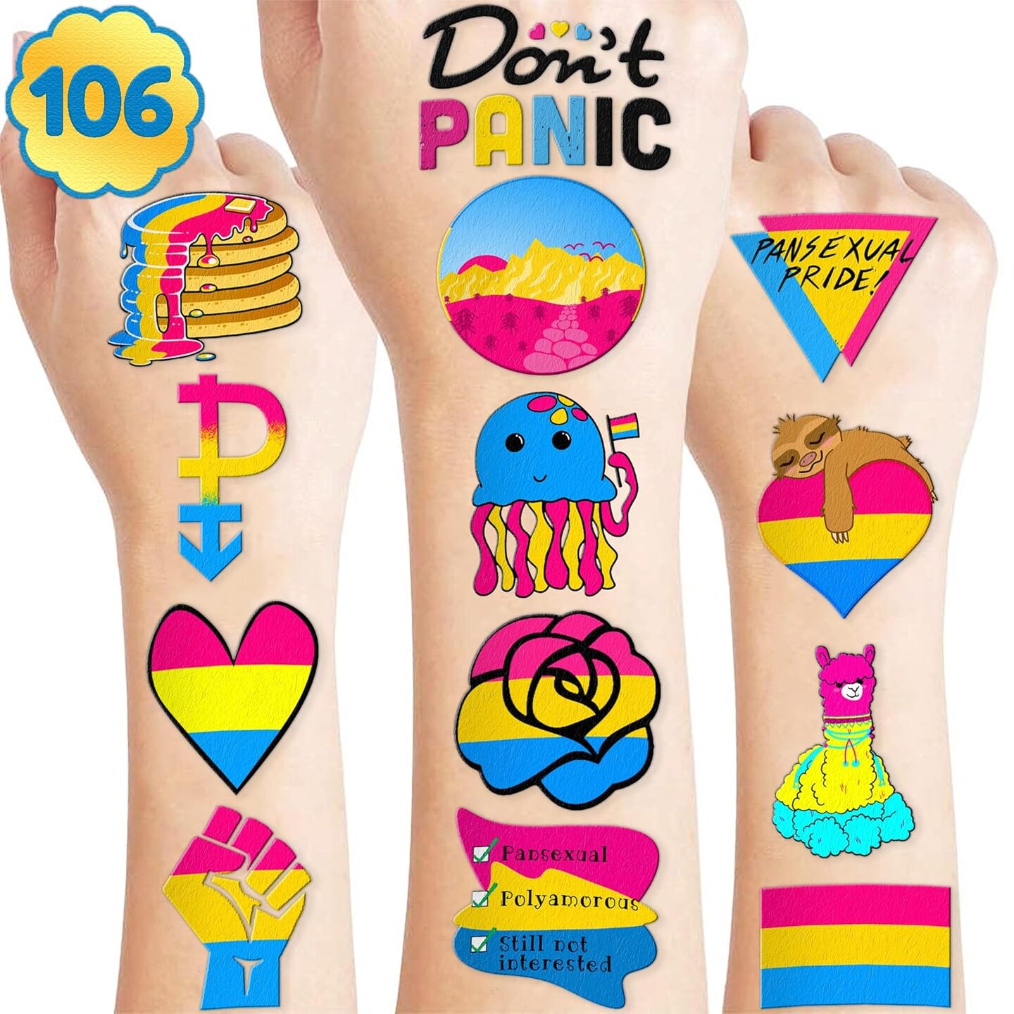 106 PCS Pansexual Pride Temporary Tattoos – Rainbow Flag LGBT Party Favors