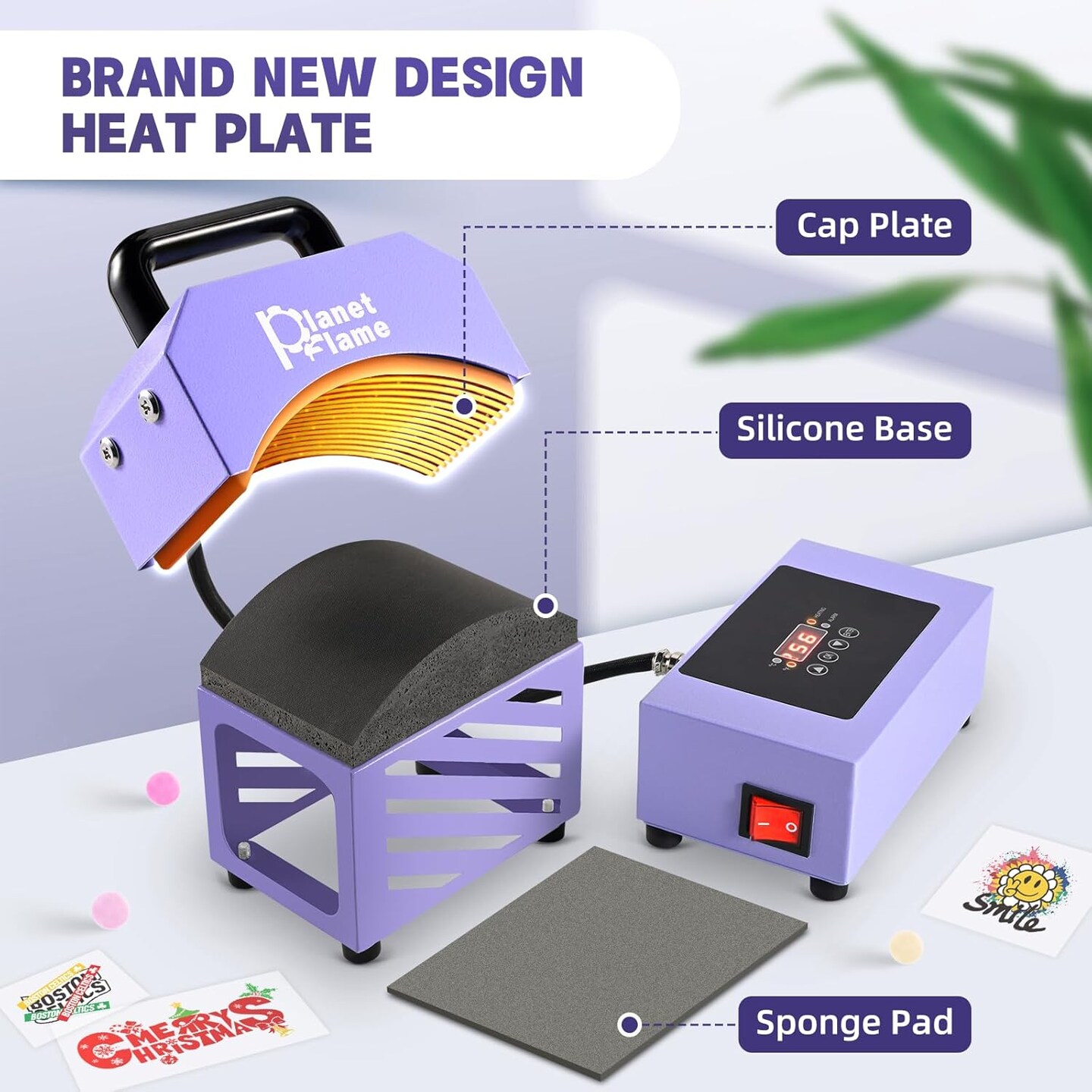Hat Press, Mini Hat Press Heat Machine for Caps Hats with 5.4&#x22; * 3.1&#x22; Curved Teflon Coated Heat Plate &#x26; Safety Base for Heat Transfer Vinyl, Sublimation and DIY Projects, Purple