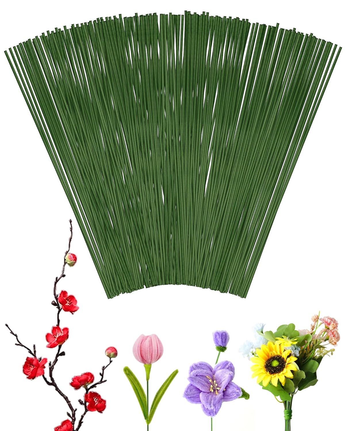 100-Pack 18-Gauge Green Floral Wire Stems for Crafts, Wreaths & Arrangements