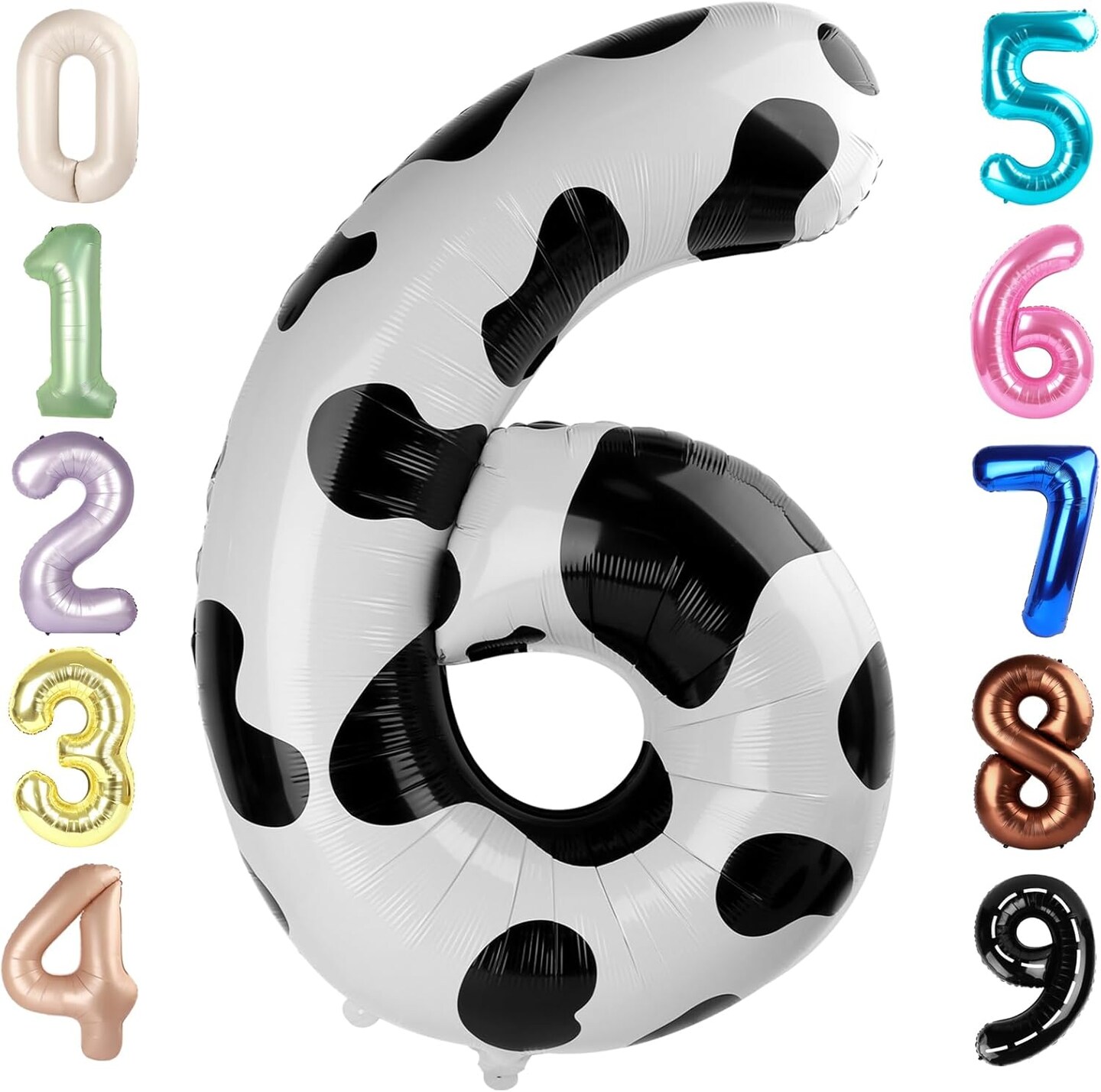 Balloons Number 6th Birthday Balloon for Boy Girl, 40 Inch Black White Cow Print Large 6 Foil Mylar Foil Balloon Helium Number Balloons Animal Farm Cowboy Cowgirl Themed Party