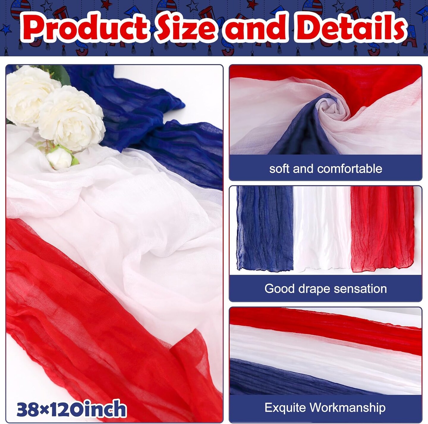 2 PCS 4th of July Cheese Cloth Table Runner- 120 x 38 Inch Rustic Red White and Blue Gauze Table Cloth- Patriotic Memorial Day Cheesecloth Table Runners for Independence Day Dining Table Decor