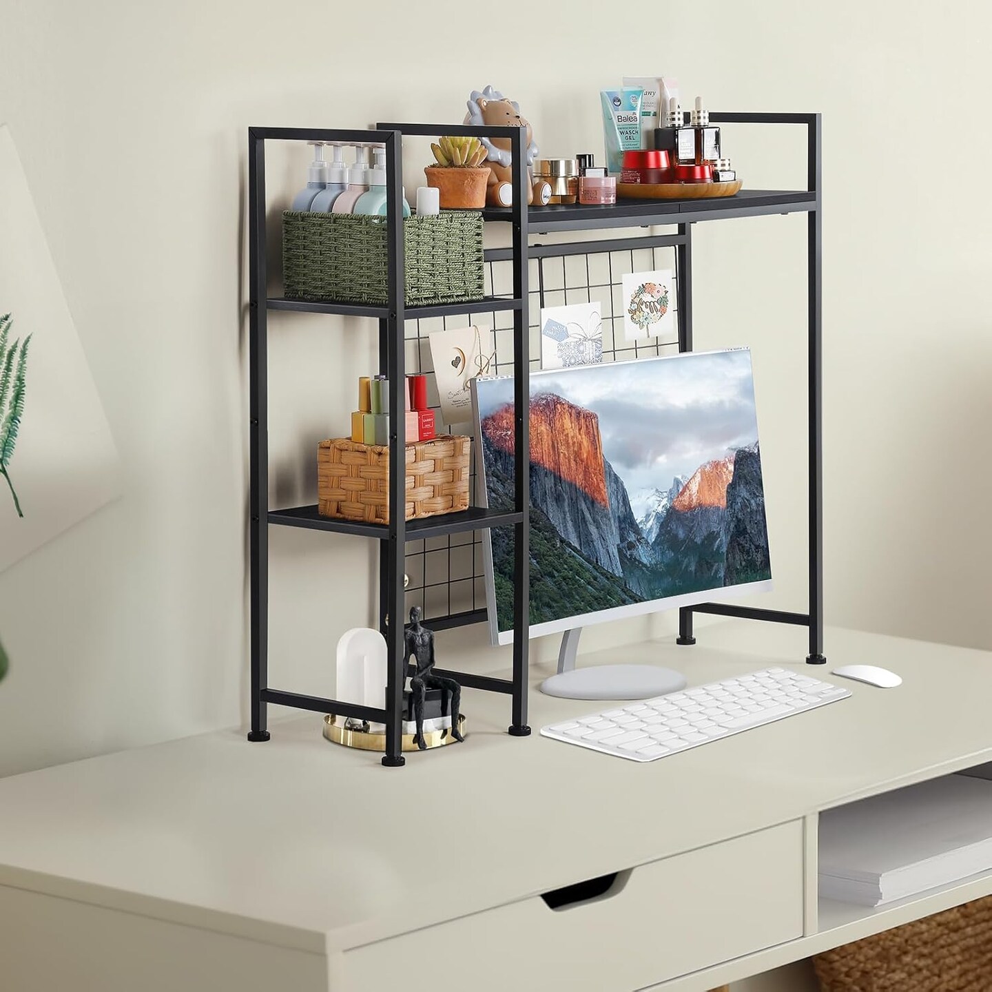 Modern Black Office Desk Shelf Organizer &#x2013; 3-Tier Space-Saving Bookcase, Sturdy Metal Design for Home, Office, or Dorm