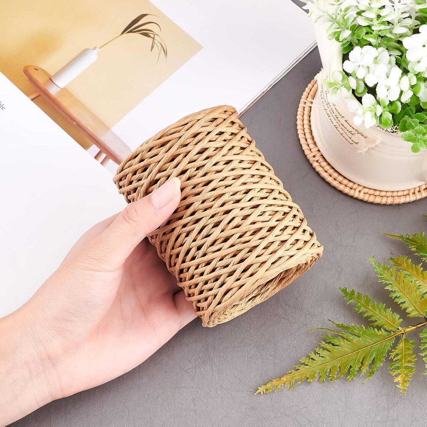 2mm 164ft(50m) Floral Iron Bind Stem Wire Paper Wrapped Rattan Rope Rustic Paper Twine for Flower Bouquets Wedding Gift Wrap Weaving Basket Vase Christmas Decoration, Light Brown
