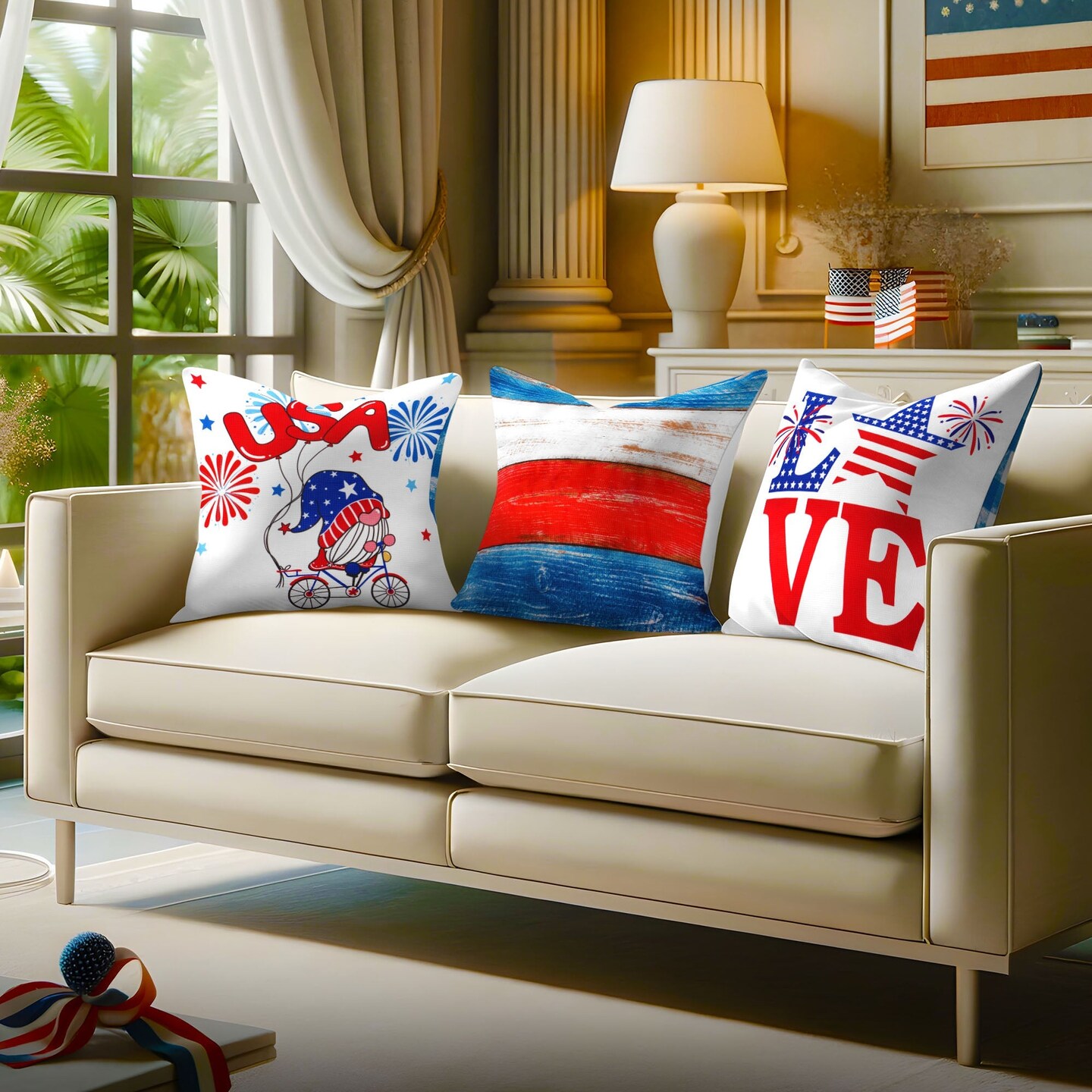 G128 Patriotic Decoration Gnome & Fireworks Waterproof Throw Pillow | 18 x 18 in | Set of 4, Beautiful Cushion Covers for Independence Memorial Day Sofa Couch Decoration, Pillow Insert Included